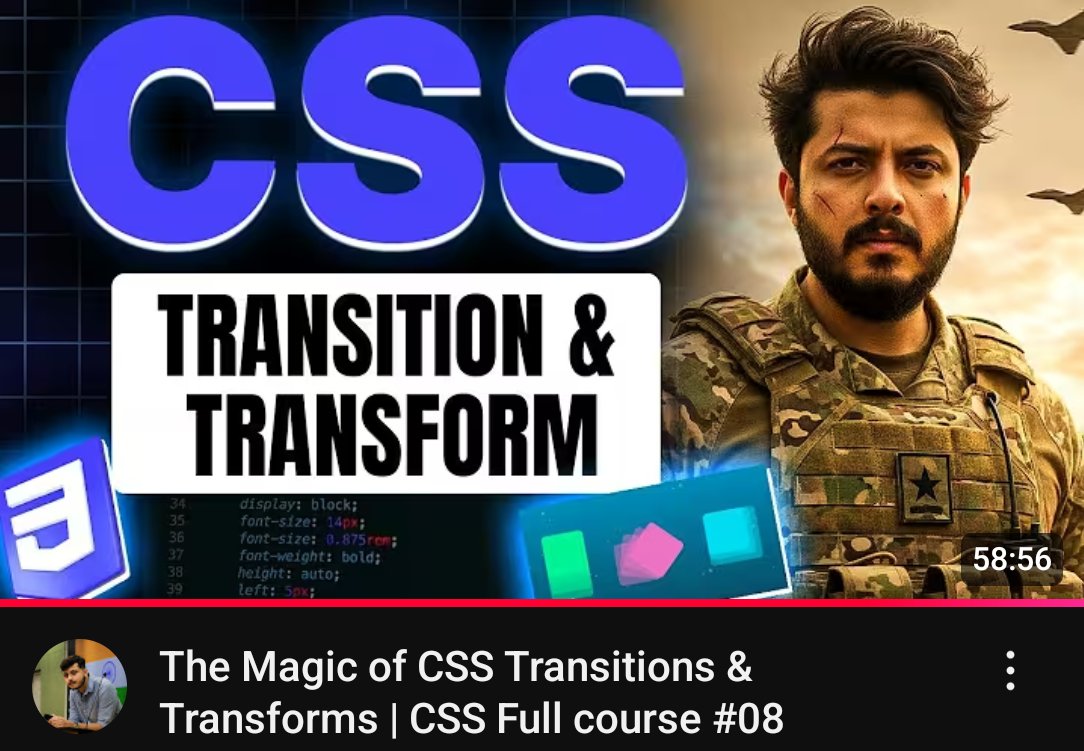 YashSainiCodes's tweet image. 📅 Day 18 – Web Development Journey

Topics Covered:
CSS Transition
CSS Transform

Thanks 🙏 to @rohit_negi9 Bhaiya &amp;amp; @adityatandon02 Bhaiya for an amazing course!

#180DaysOfCode #WebDevelopment #CoderArmy
