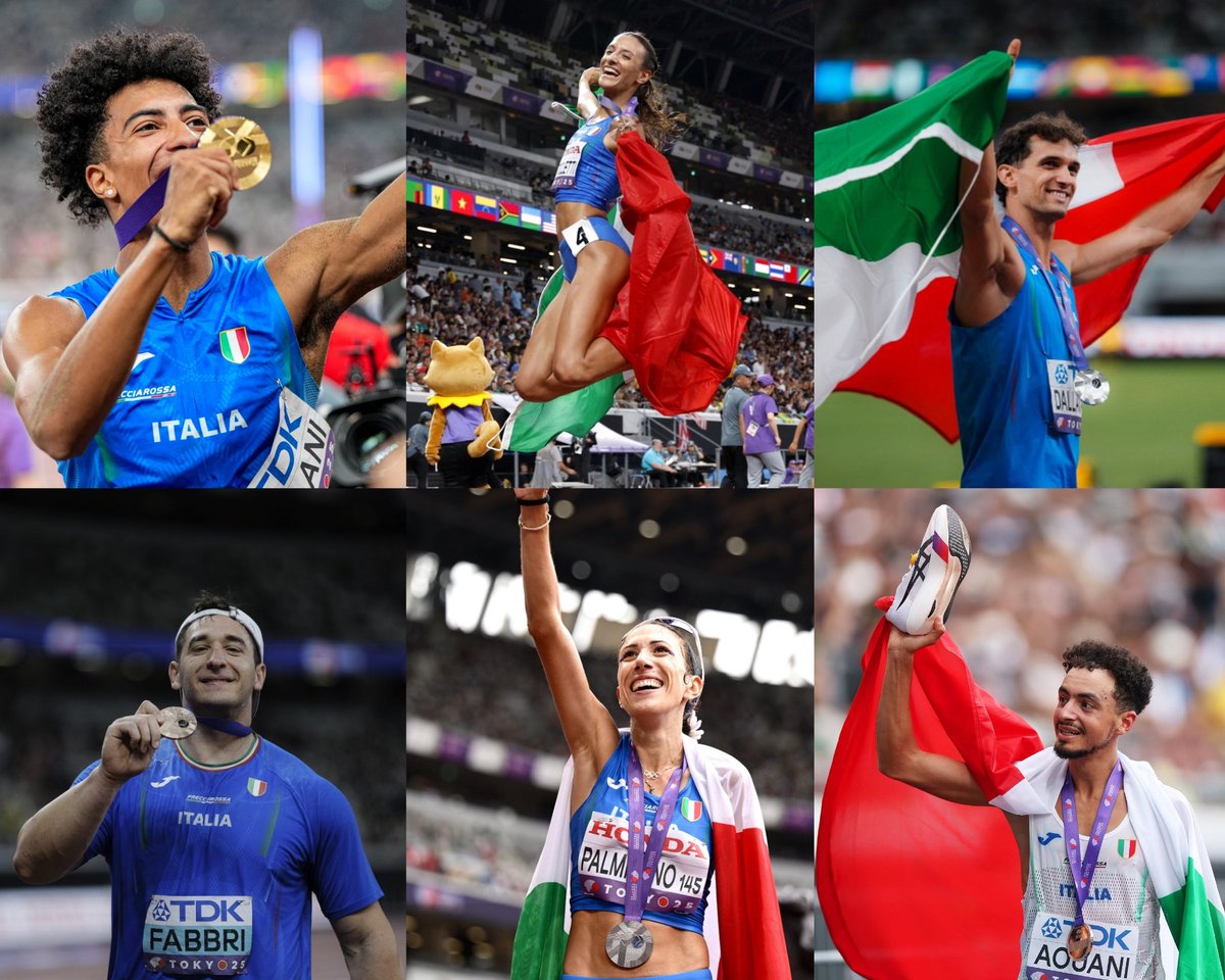 Il miglior mondiale della nostra storia.

🥇Furlani 
🥈Battocletti
🥈Palmisano 
🥈Dallavalle
🥉Battocletti 
🥉Fabbri 
🥉Aouani

Spedizione storica.
L'atletica italiana continua a crescere.
Grazie ragazzi❤️

#Tokyo2025