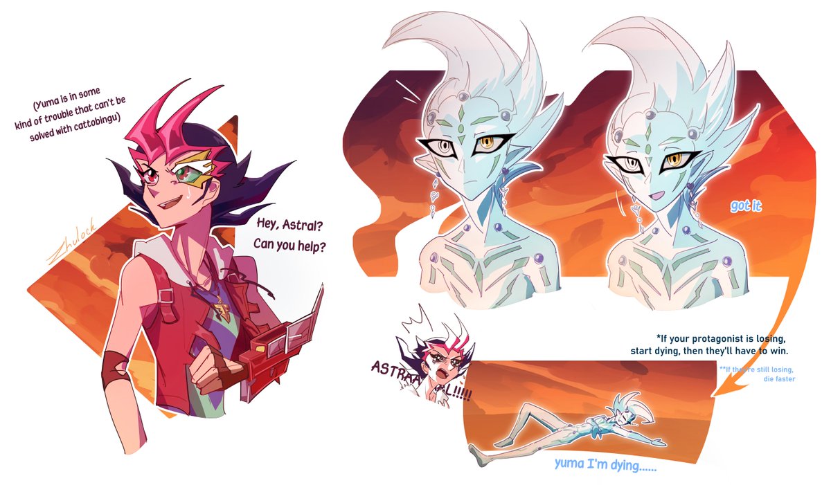 zhulock's tweet image. So, my favorite part of this anime!

Yuma gets into some trouble.
***
Astral is like, "Wow, this is awful, I think I'm going to die."
***
Yuma solves the problem because EVERYONE IS QUIETLY MY ASTRAL IS DIEING

#astral #keyshipping #yugiohzexal #yugioh #yuma