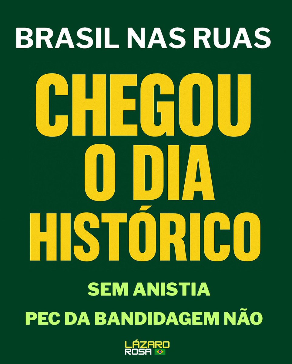 CHEGOU O DIA HISTÓRICO! Vamos ocupar as ruas de todo o Brasil para dar uma resposta gigante aos políticos que, em vez de trabalhar para o povo, trabalham para interesses próprios e para proteger bandidos.

BRASIL QUER JUSTIÇA
HOJE É O POVO NA RUA
POVO CONTRA ANISTIA 
PACIFICA COM