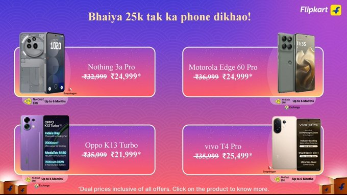 TechyBoostDeals's tweet photo. ⏰ Flipkart Upcoming 12 AM Sale – Phones Under ₹25,000 (Bank Offers Included!)

📱 Nothing 3a Pro: https://t.co/EiY64x4Ca7
📱 Moto Edge 60 Pro: https://t.co/KGNWONPjsa
📱 Oppo K13 Pro: https://t.co/GWcVXzvjoA
📱 Vivo T4 Pro: https://t.co/SHTyrzD3wJ

#FlipkartBBD #MidnightSale #SmartphoneDeals #LootAlert