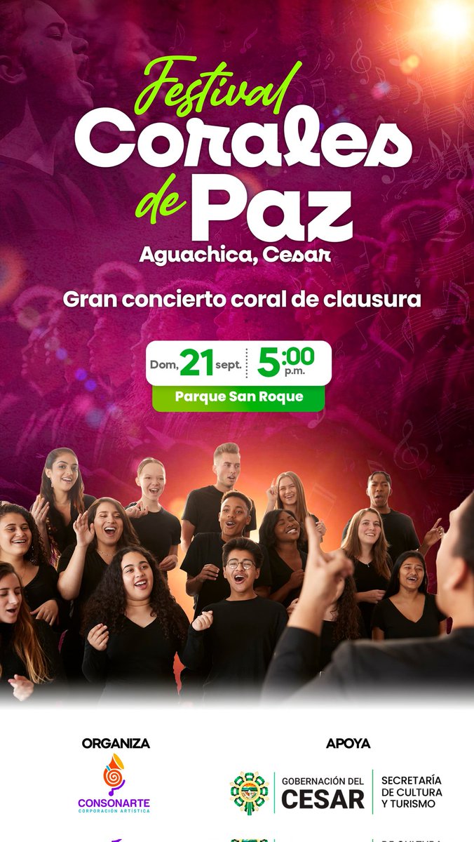 GobdelCesar's tweet photo. Las voces juveniles se toman la ciudad de Aguachica, con el Festival de Corales de Paz.

Anoche se adelantó una primera muestra, con los grupos participantes: coral universitaria de la UIS de Bucaramanga, el coro Consonarte de Aguachica, voces y movimiento de Medellín, coro juvenil la cuerda de Bucaramanga, coro juvenil de Lebrija, coro carmelitano Intonato de Aguachica y el coro juvenil del IMDREC, en el auditorio de la Cámara de Comercio.

El secretario de Cultura y Turismo del Cesar, Manuel Rangel, lidera este encuentro, que tendrá hoy como escenario el parque San Roque, con nuevas creaciones para el público.