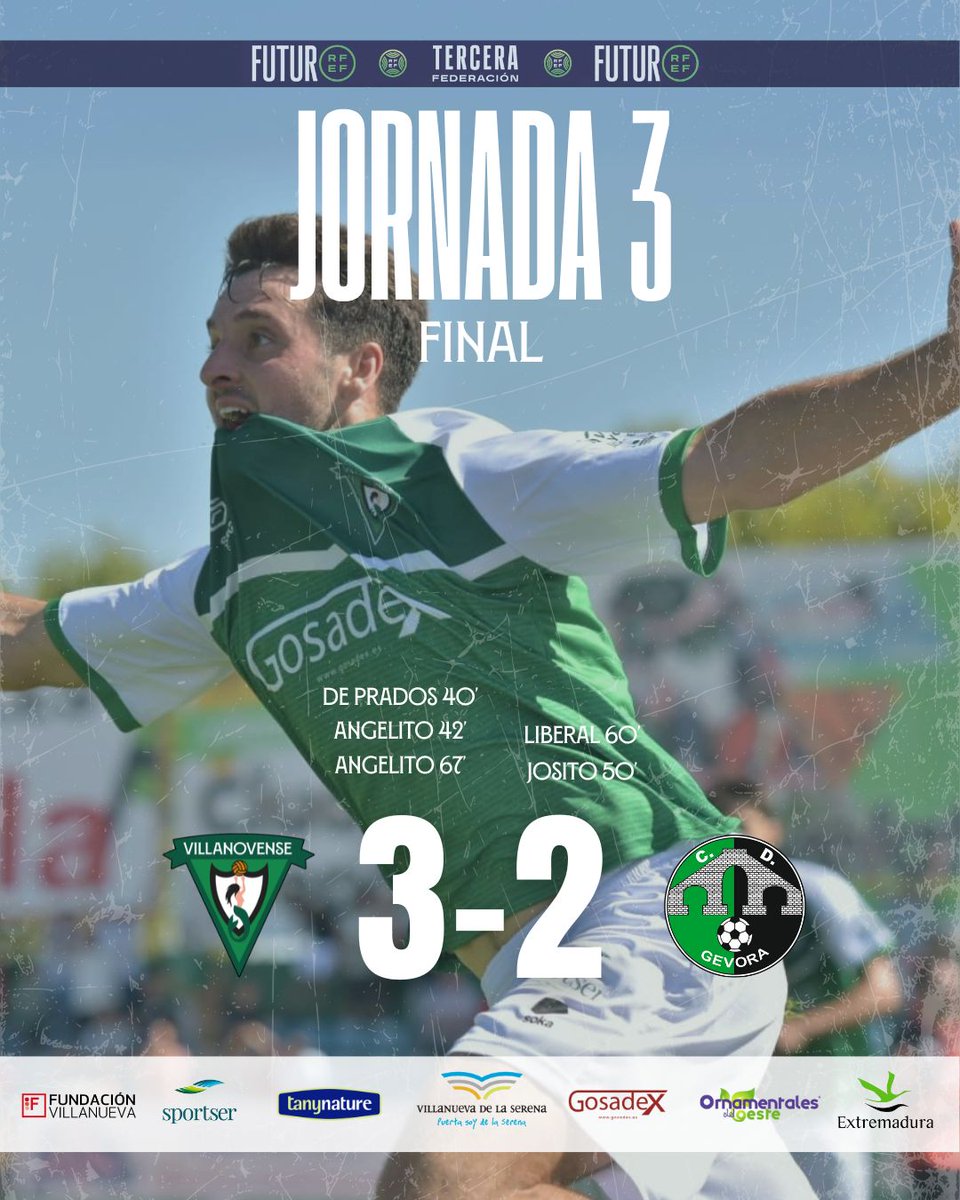 ⏹️ FINAL

[90+7’] Final con victoria 🔔

Resultado: 3 - 2

Se sufrió, se luchó, se ganó 💚

#QueNosSigamosViendo #VillanovenseGévora