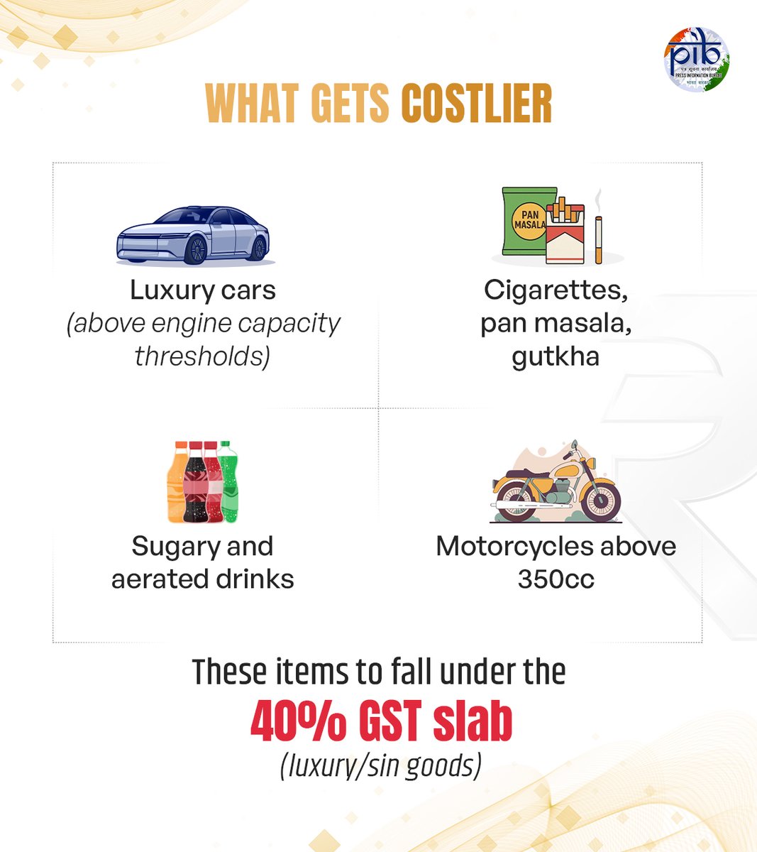 DDChandanaNews's tweet photo. #NextGenGST ಗೆ ಇನ್ನು ಒಂದೇ ದಿನ ಬಾಕಿ!  ಐಷಾರಾಮಿ ಕಾರ್, ಸಿಗರೇಟ್, ಗುಟ್ಕಾ, ಪಾನ್ ಮಸಾಲಾ, ಪಾನೀಯಗಳು, 350 ಸಿಸಿ. ಗಿಂತ ಹೆಚ್ಚಿನ ಬೈಕ್ ಗಳು ಇನ್ನು ಮುಂದೆ ದುಬಾರಿಯಾಗಲಿವೆ.  
#GSTCountdown #NextGenGST #GSTReforms https://t.co/FRJYfSHlM0