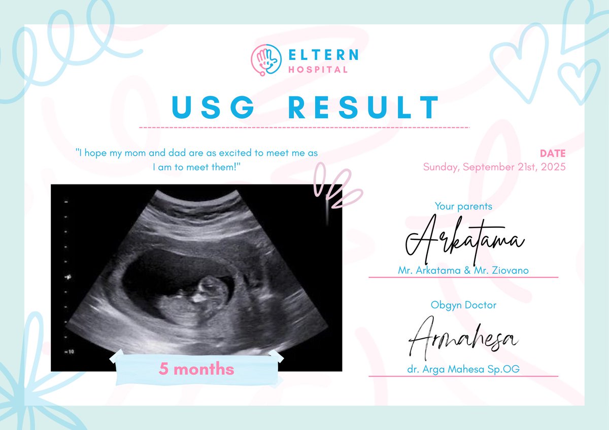 ——— ✎ 𝑼𝑺𝑮 𝑹𝒆𝒔𝒖𝒍𝒕 ;
    👨🏻‍❤️‍👨🏻 Parents : <a href="/lheeseunf/">EVAN BAGJA.</a> &amp; <a href="/svnghuunn/">sunghoon</a>

❝ Congratulations you both! Now your fetuses are the size of ‘Carrot🥕’ ! Can’t wait to meet your adorable baby ❤️ ❞
ㅤ
👨🏻‍⚕️ Obgyn Doctor : <a href="/_wonbi/">Arga/rest</a>  
🩺 Nurse                  : <a href="/ryvjinshin/">𝚌𝚊𝚙𝚝. 𝚍𝚠𝚗. 𝚁𝚢𝚞, 𝙺𝚊𝚒𝚣𝚎𝚗. 𝚢𝚒𝚗 🥬</a>