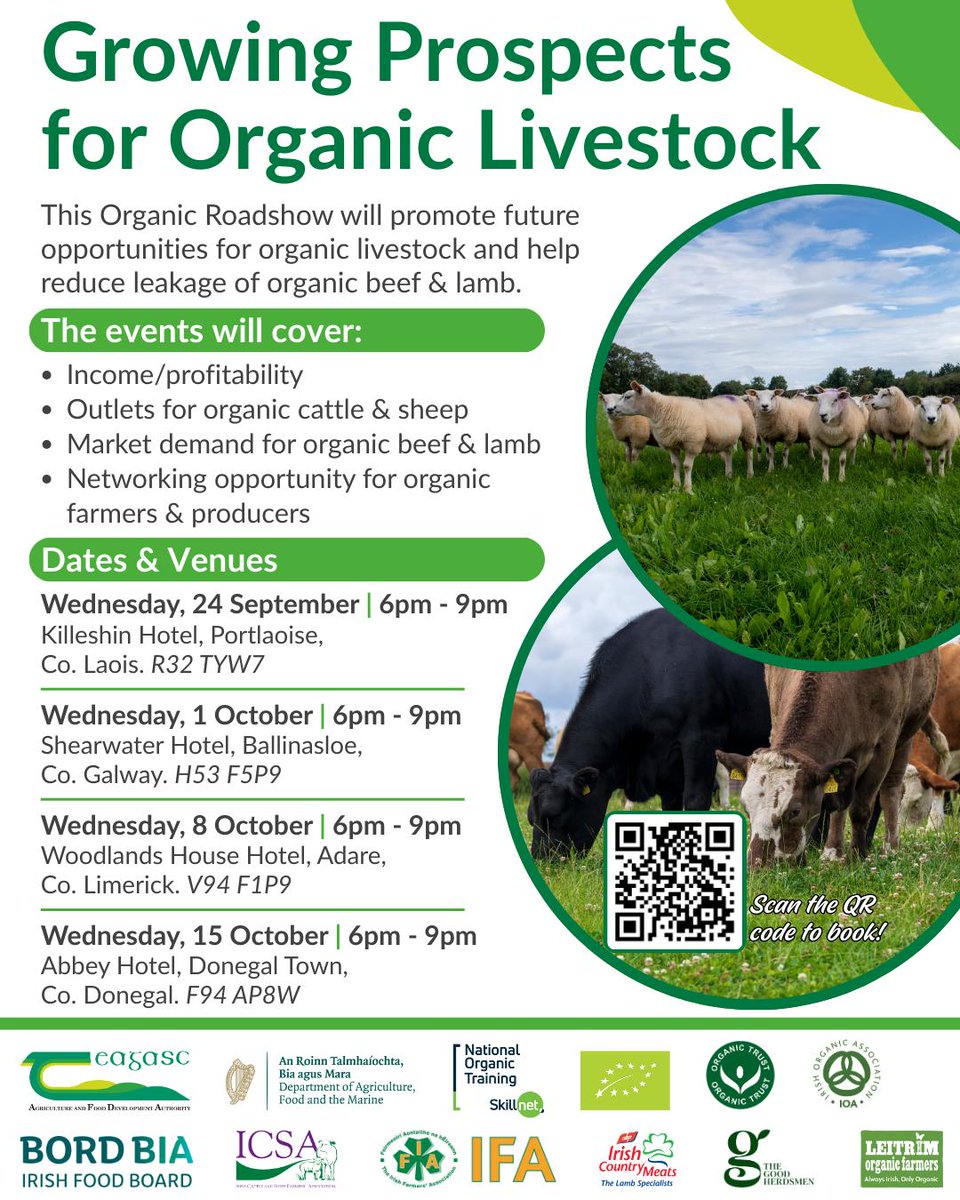 teagasc's tweet photo. Growing Prospects for Organic Livestock is a series of four events taking place throughout the country. This roadshow will promote future opportunities for organic livestock and help reduce leakage of organic beef &amp; lamb.
Register here https://t.co/qe18Fijo61
@TeagascOrganics https://t.co/rtKhbmwB5d