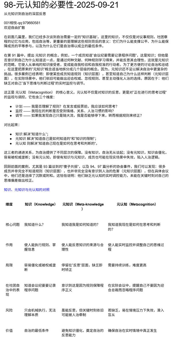 rulesproblem's tweet image. 98-元认知的必要性-2025-09-21
从元知识到自治的深层反思
前面几篇谈到自治需要一定的知识基础。这里的知识，不仅仅是对议事规则，社团章程的记忆与应用，包括自治等，更重要的是理解这些规则背后的意义：它们为什么能支撑公平、为什么能保障成员的平等参与，以及为什么它们是自治得以成立的最低条件。