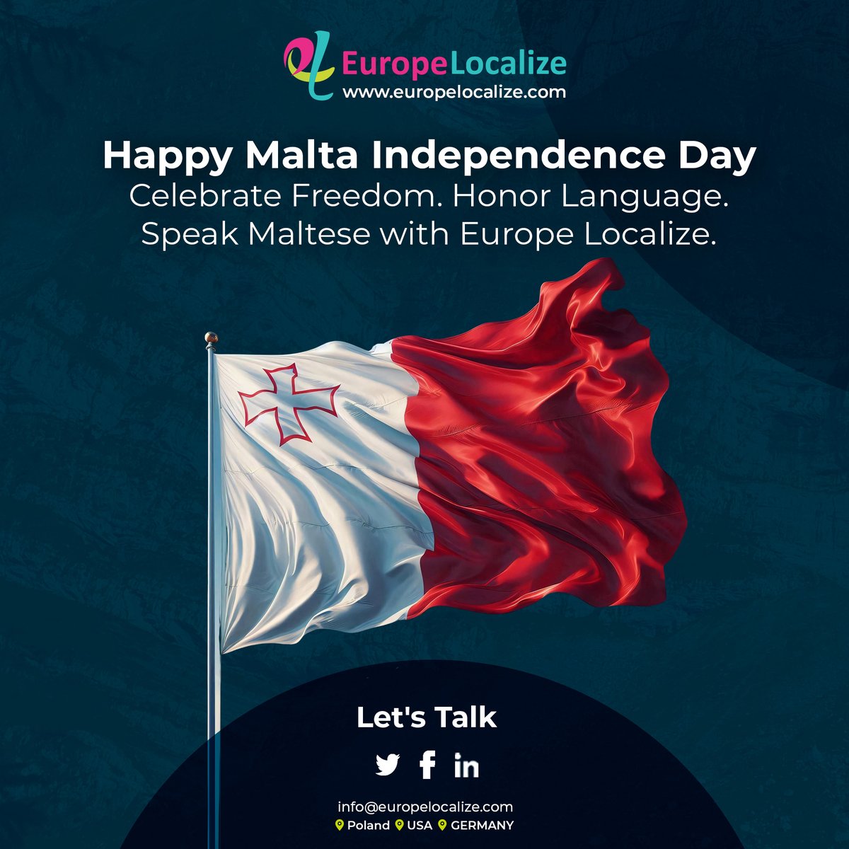 EuropeLocalize's tweet image. Happy Malta Independence Day! 🇲🇹
👉 Honor Malta’s voice. Share its spirit. Hire us to help you speak Maltese with heart.
shorturl.at/w3su6
#MaltaIndependenceDay #EuropeLocalize
