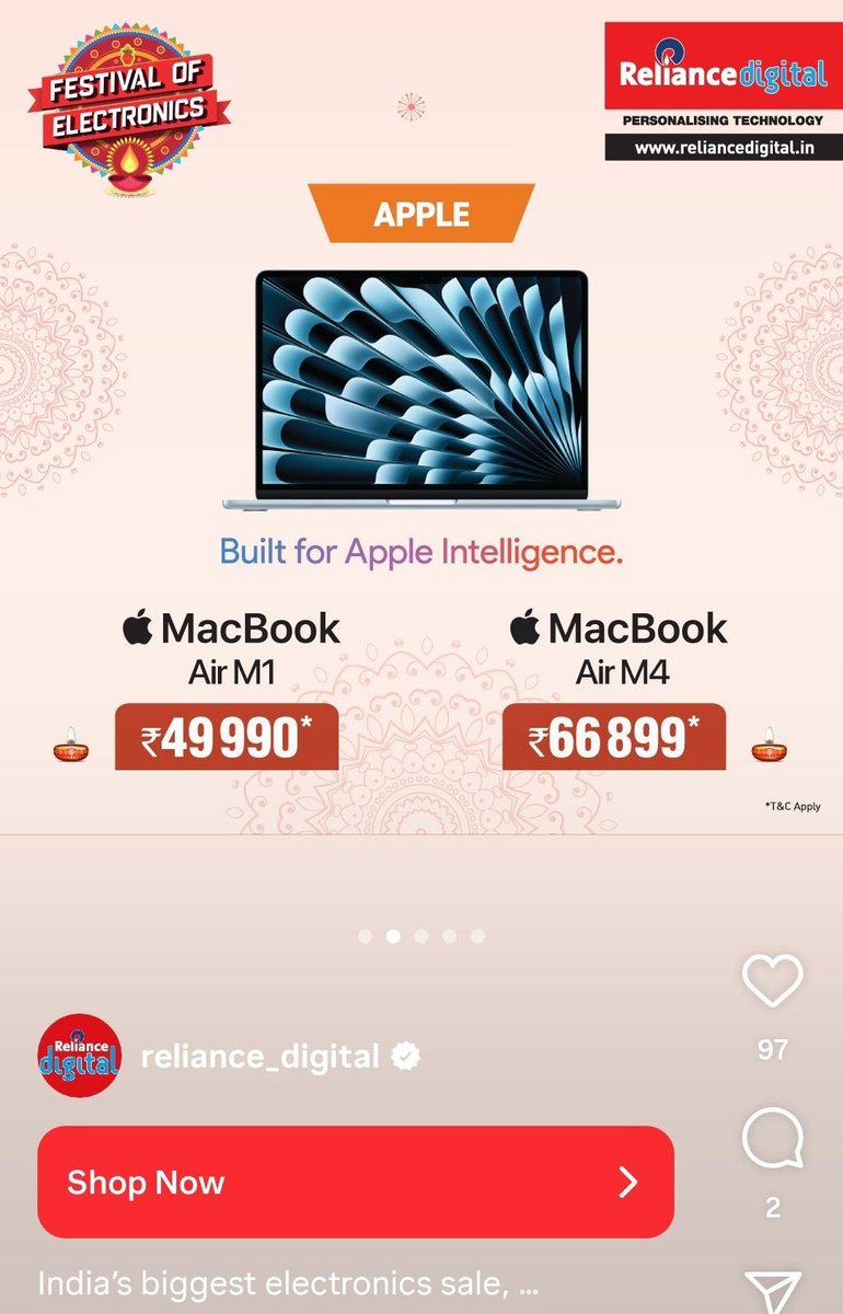 TechFactsRafee's tweet image. I visited #RelianceDigital store and i can confirm that the #MacbookAirM4 offer includes both Exchange and Card Offer and similarly the #iPhone16Plus offer.
