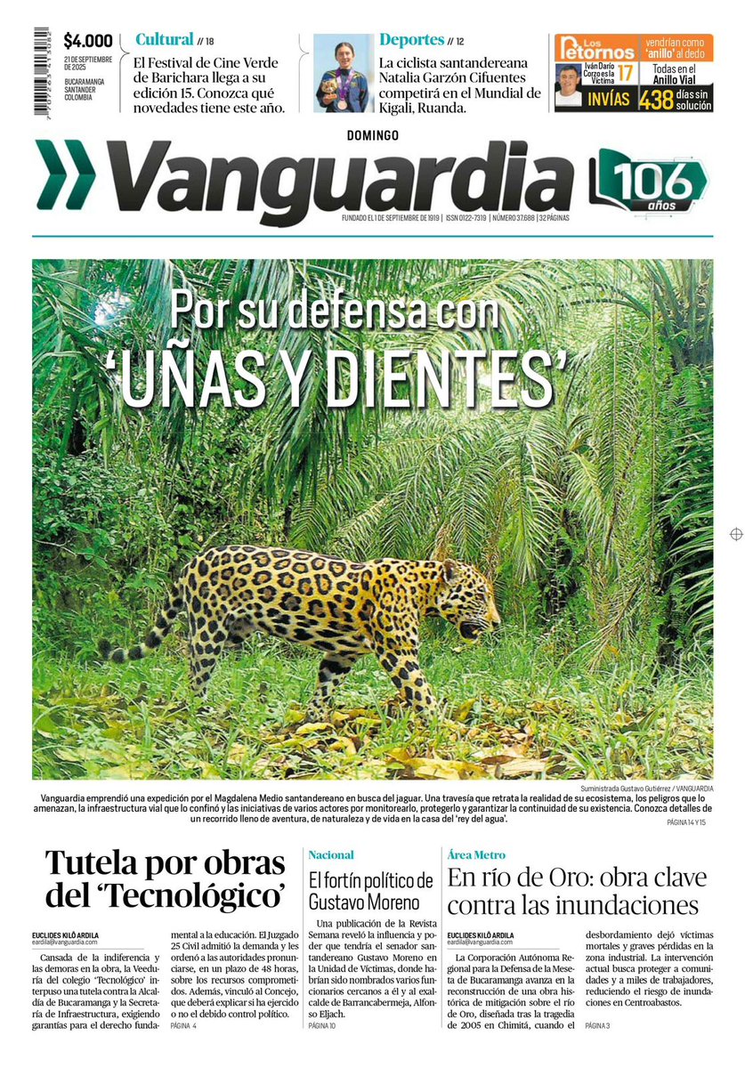 ☀️ ¡Buenos días y feliz domingo!
🗞️ Les  compartimos la #PortadaVanguardia de hoy:

🐆 Por su defensa con ‘uñas y dientes’.
🏛️ El fortín político del senador Gustavo Moreno
🚨 En rio de Oro: obra clave contra inundaciones.

🔍 ¡Y hay mucho más!
📲 Léalo completo en 👉