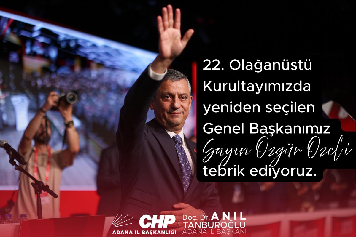 22. Olağanüstü Kurultayımızda yeniden seçilen Genel Başkanımız Sayın Özgür Özel'i tebrik ediyoruz.