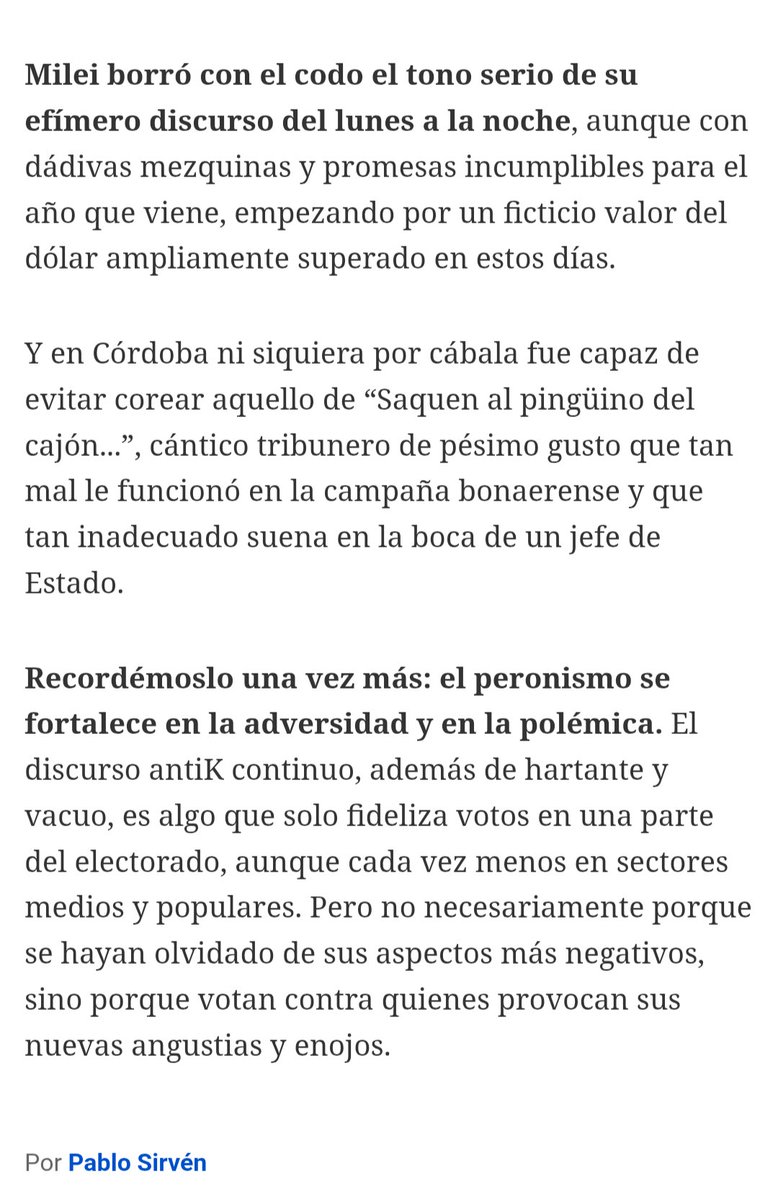 psirven's tweet photo. "Milei, otra vez a las andadas, con los K en la mira", mi columna de comunicación y política, en @LANACION.
Duró poco la moderación del mensaje del lunes. El Presidente retomó el tono áspero de la campaña bonaerense que tan malos resultados le dio https://t.co/p8EtDcE9C1 https://t.co/21TMAsugjg