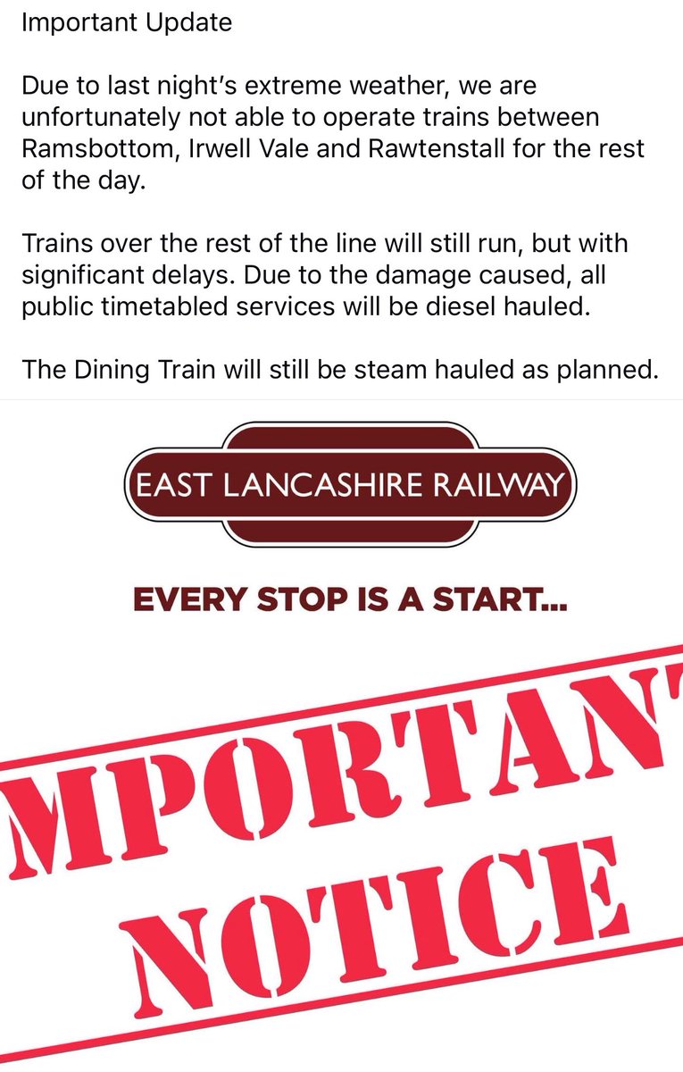 🚨Important Update - For the remainder of today’s service <a href="/eastlancsrly/">East Lancashire Railway</a> - Sunday 21/09/25