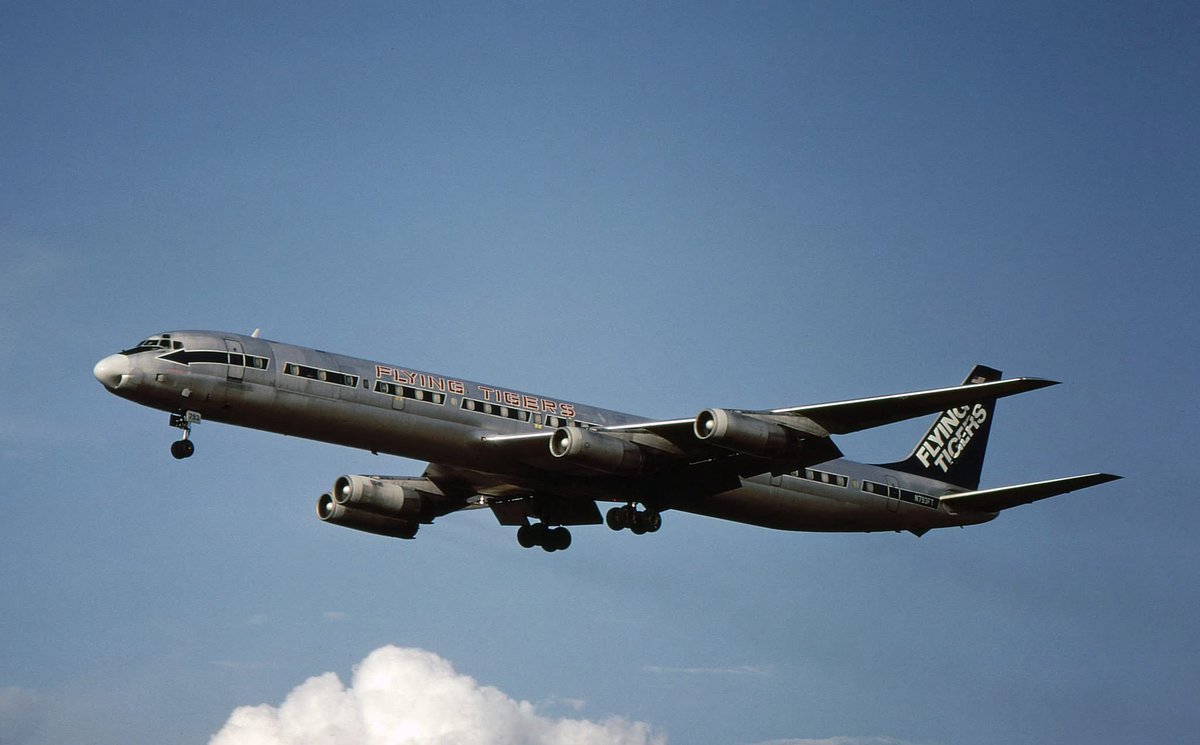 Flying Tigers
Douglas DC-8-63CF N793FT 
LHR/EGLL London Heathrow Airport
September 13, 1983
Photo credit Chris Chennell 
#AvGeek #Airline #Aviation #AvGeeks #Douglas #DC8 #LHR #London #Heathrow <a href="/HeathrowAirport/">Heathrow Airport</a> #FlyingTigers