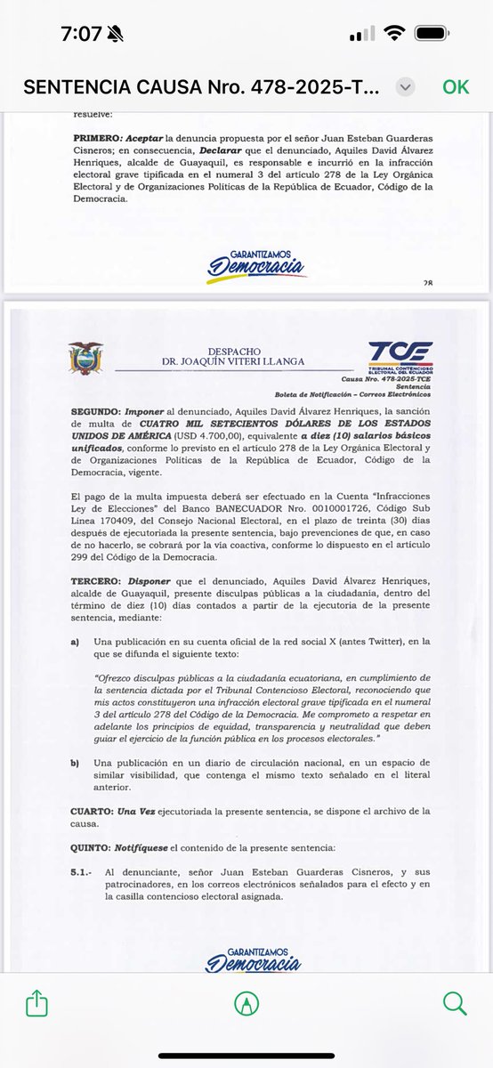 Recibimos la notificación de esta resolución del TCE alrededor de la 1 am. Importante aclarar: NO hay destitución, NO hay pérdida de derechos políticos. Lo que existe es una multa con la que no estoy de acuerdo porque no hemos incurrido en ninguna falta; en todo caso, la