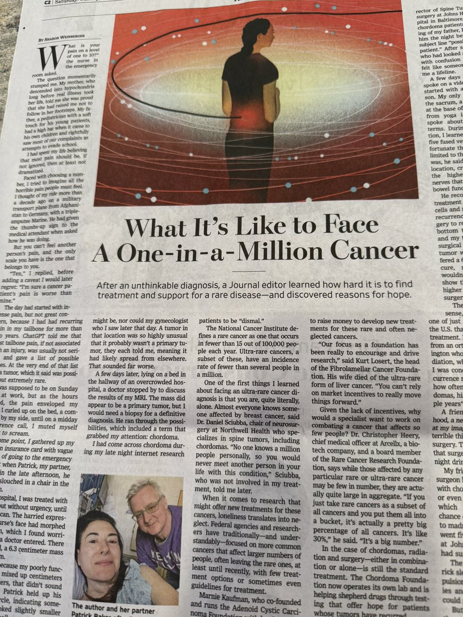 Opened my <a href="/WSJ/">The Wall Street Journal</a> to this article today by <a href="/weinbergersa/">Sharon Weinberger</a> that I so identified with as a rare spinal cord tumor survivor. And my superhero surgeon <a href="/DanielSciubba/">Daniel Sciubba</a> was quoted!