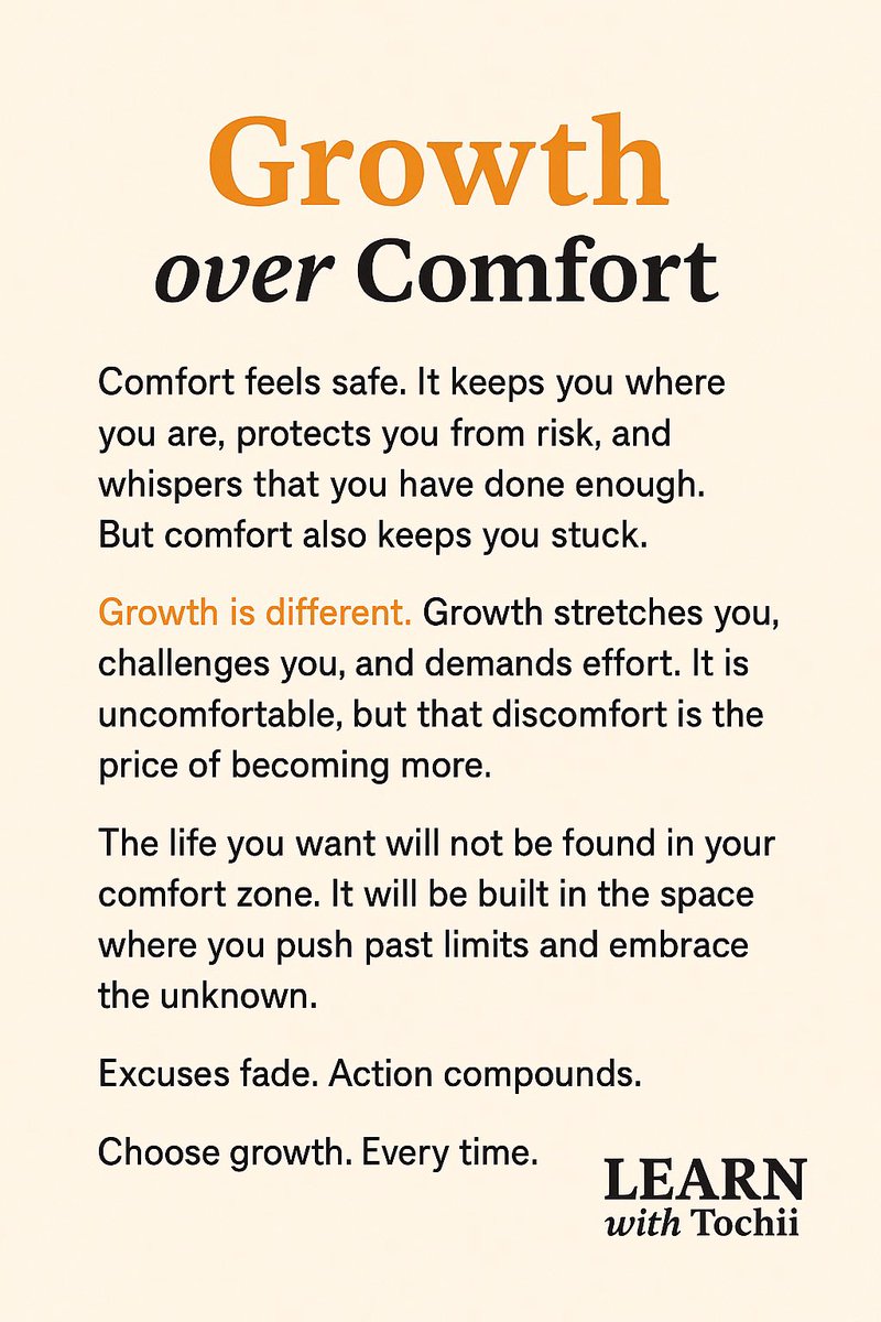 TochukwuAchebe's tweet image. Growth &amp;gt; Comfort 🌱
Consistency &amp;gt; Motivation 🔑
Action &amp;gt; Excuses 🚀

The life you want won’t come from comfort, moods, or excuses.
It’s built daily through discipline, focus, and small consistent steps.

Which one speaks to you most today? 👇

#LearnWithTochii #Mindset #Growth