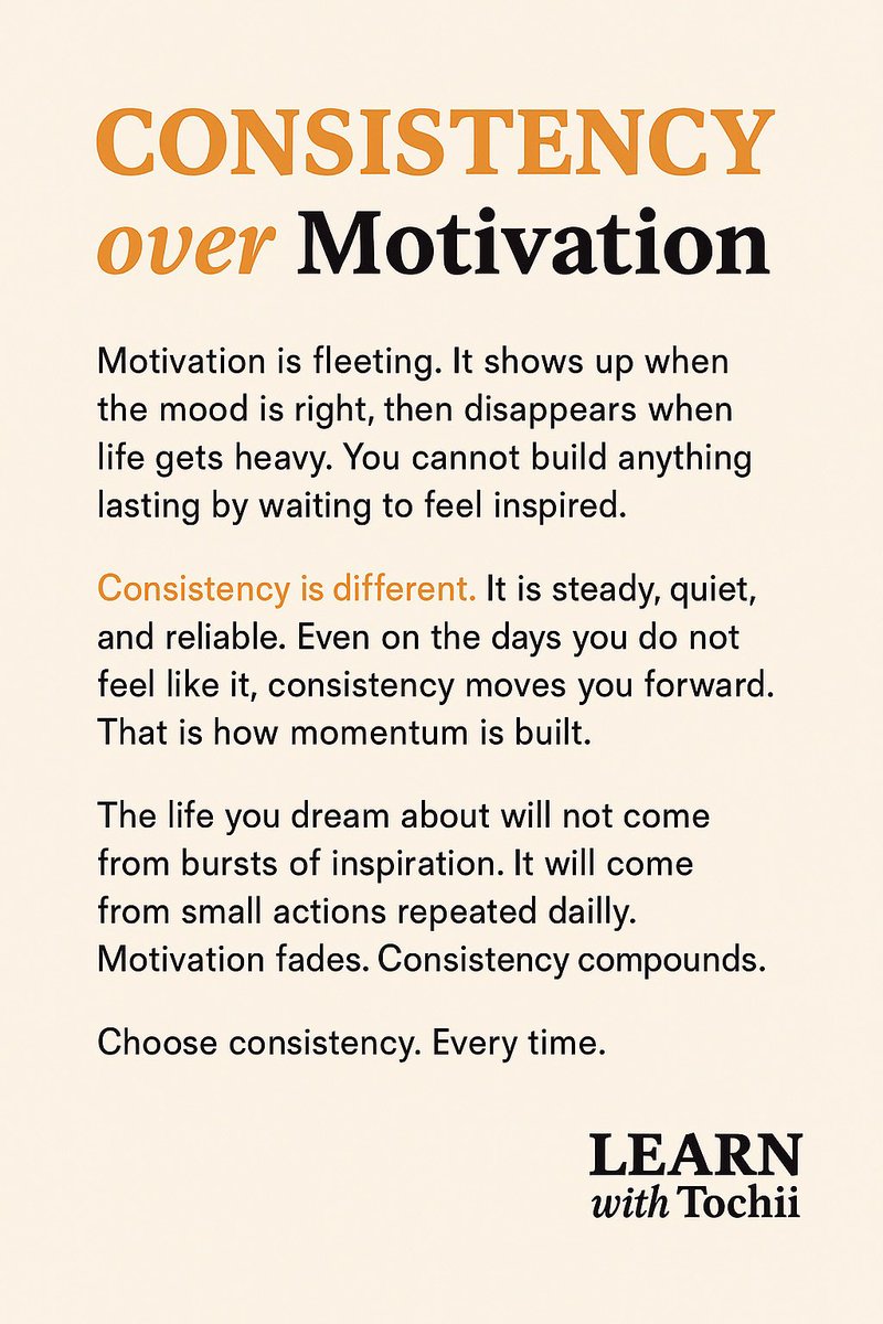 TochukwuAchebe's tweet image. Growth &amp;gt; Comfort 🌱
Consistency &amp;gt; Motivation 🔑
Action &amp;gt; Excuses 🚀

The life you want won’t come from comfort, moods, or excuses.
It’s built daily through discipline, focus, and small consistent steps.

Which one speaks to you most today? 👇

#LearnWithTochii #Mindset #Growth