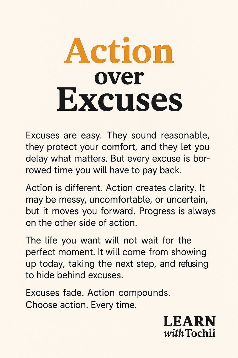 TochukwuAchebe's tweet image. Growth &amp;gt; Comfort 🌱
Consistency &amp;gt; Motivation 🔑
Action &amp;gt; Excuses 🚀

The life you want won’t come from comfort, moods, or excuses.
It’s built daily through discipline, focus, and small consistent steps.

Which one speaks to you most today? 👇

#LearnWithTochii #Mindset #Growth