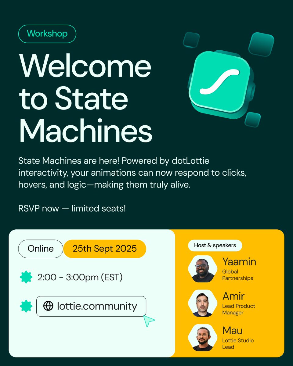 LottieFiles's tweet image. LottieFiles State Machines Webinar

Join our webinar on Sept 25, where we’ll walk you through how they work in Lottie Creator. 

🔗 Save your spot 👉 lottie.community 

#LottieStateMachines #StateMachines #InteractiveAnimations #InteractiveLottie #MotionDesign