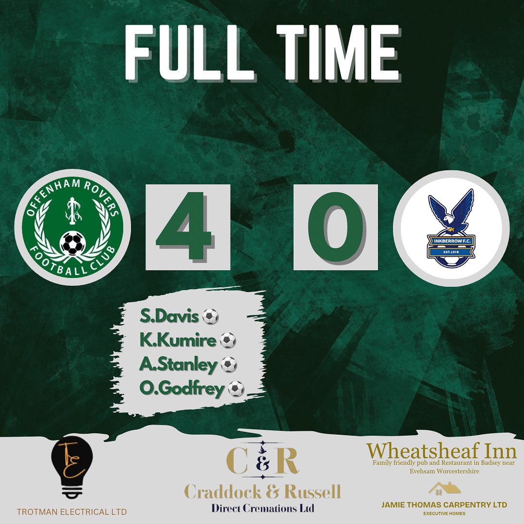 𝐅𝐮𝐥𝐥 𝐭𝐢𝐦𝐞

Rovers progress into the next round of the Knockout Cup after a dominant performance against Inkberrow

MOTM - Fin &amp; Oggy

DOTD - Bovril

UTR💚🖤