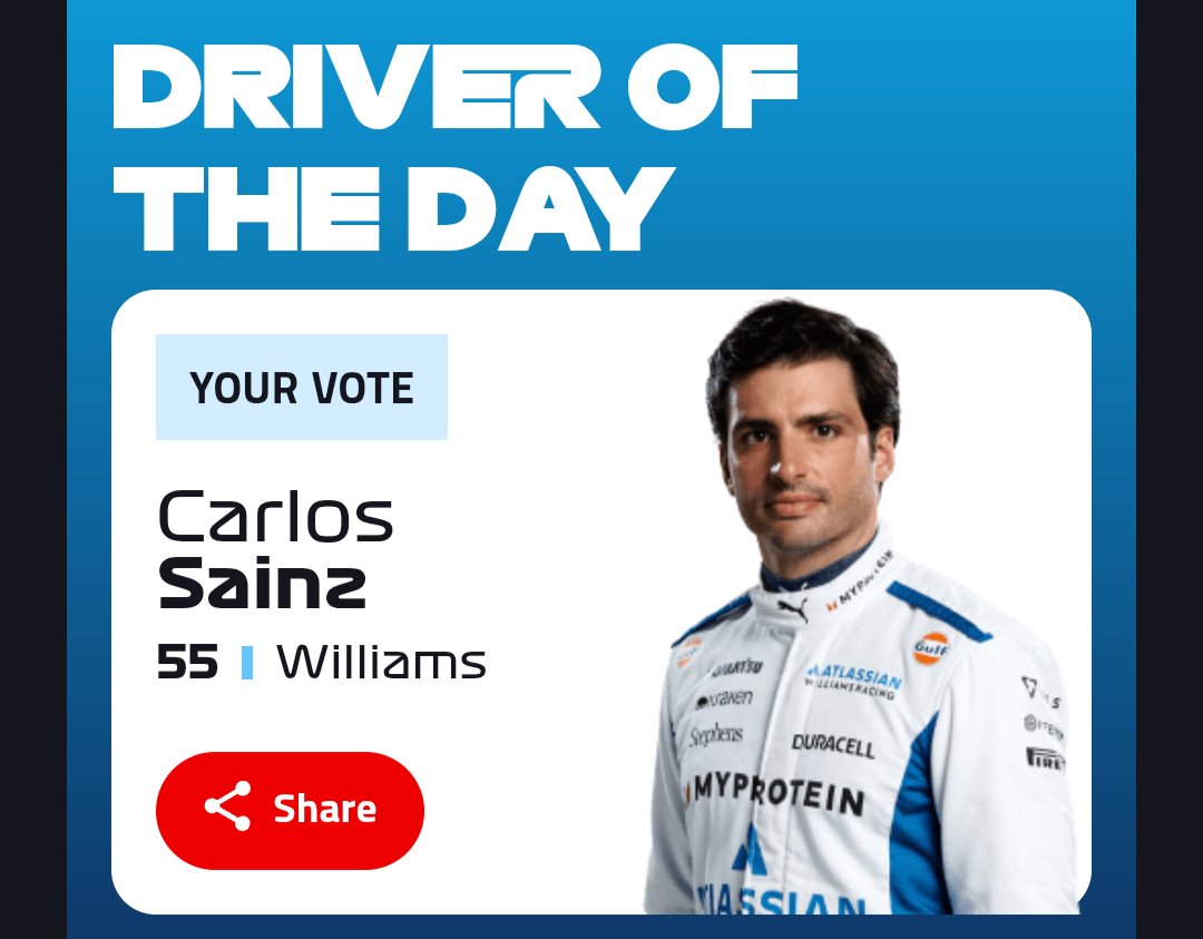 I voted for C. SAINZ as <a href="/salesforce/">Salesforce</a> #F1DriveroftheDay. Make your vote here: formula1.com/en/page/vote df0603krefnld.cloudfront.net/drivers/headsh…