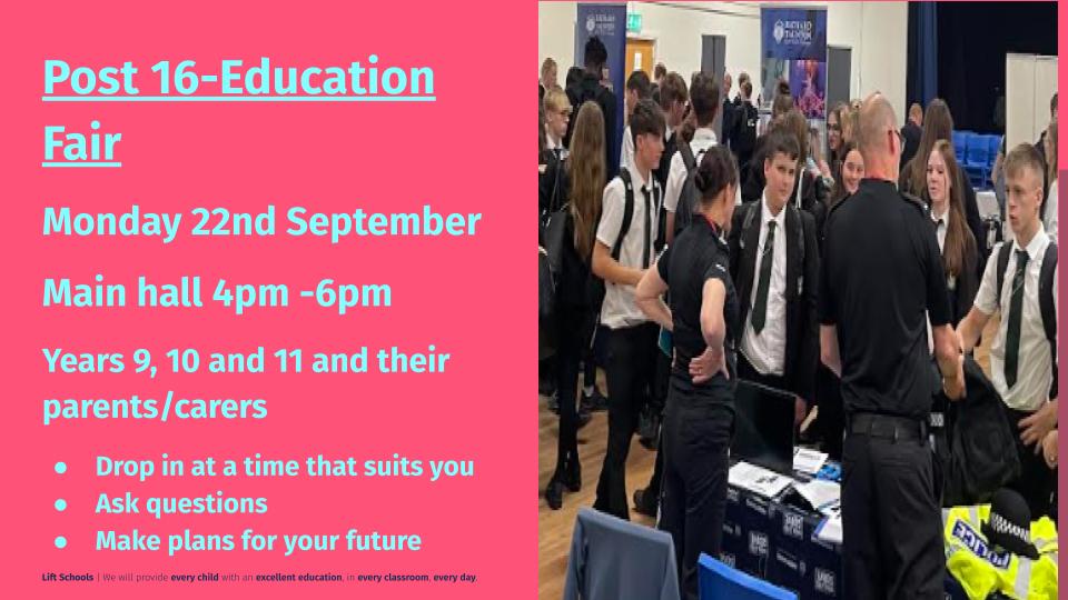 Tomorrow: Post-16 Careers Fair!
Open to students in Years 9–11 and their families.
📅 22nd Sept | 🕓 4–6pm | 📍 Main Hall

Meet colleges, apprenticeship providers &amp; employers. Explore your options &amp; plan your next steps after Year 11!

#CareersFair #Post16 #Year11