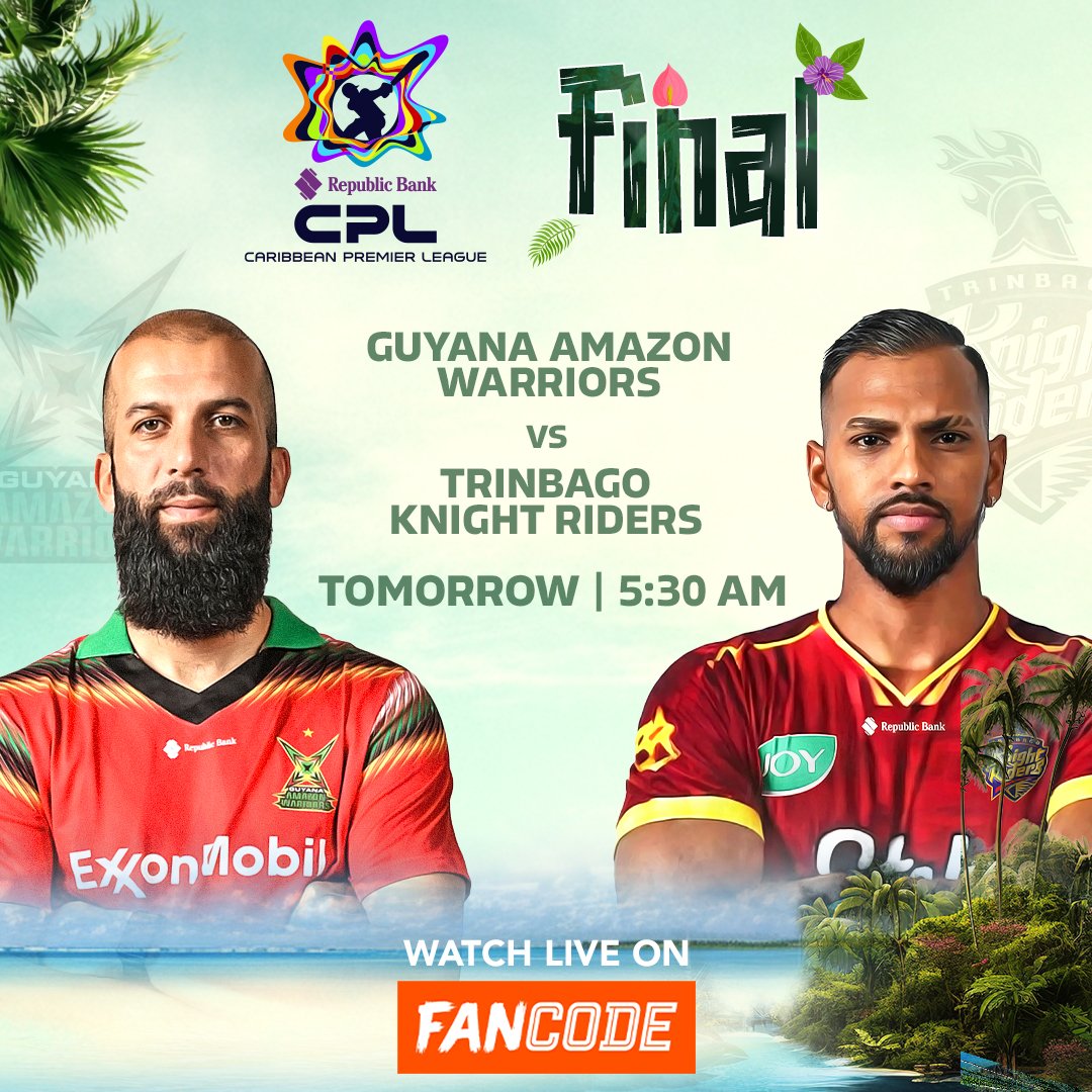 Fanpointofviews's tweet image. It’s ultimate rivalry in CPL history, legends and stars on display from both sides. From , Pooran,Pollard, Narine &amp;amp; Dre Russ to Hope, Tahir, Moeen Ali &amp;amp; Hetmyer, the CPL Final is set to explode in Guyana tonight! 🔥🏟️

Streaming live 👉 fancode.onelink.me/tTJR/etpogi0u
#CPL2025 #CPLFinal