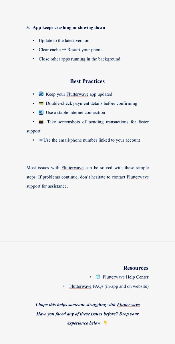 Arafahhh___'s tweet image. As part of my technical writing journey, I built a Troubleshooting Guide for @theflutterwave users.
From failed payments to login issues here’s how I turned frustrations into simple fixes ✨
#TechnicalWriting #Flutterwave #UXWriting #Fintech