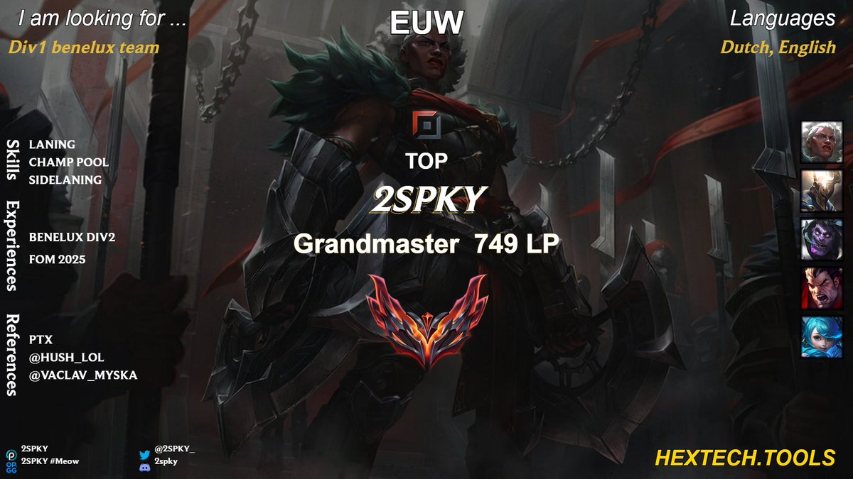 I'm LFT for next split preferably div1 Benelux 

DM on here or on Discord(2spky) for more info about me as a player