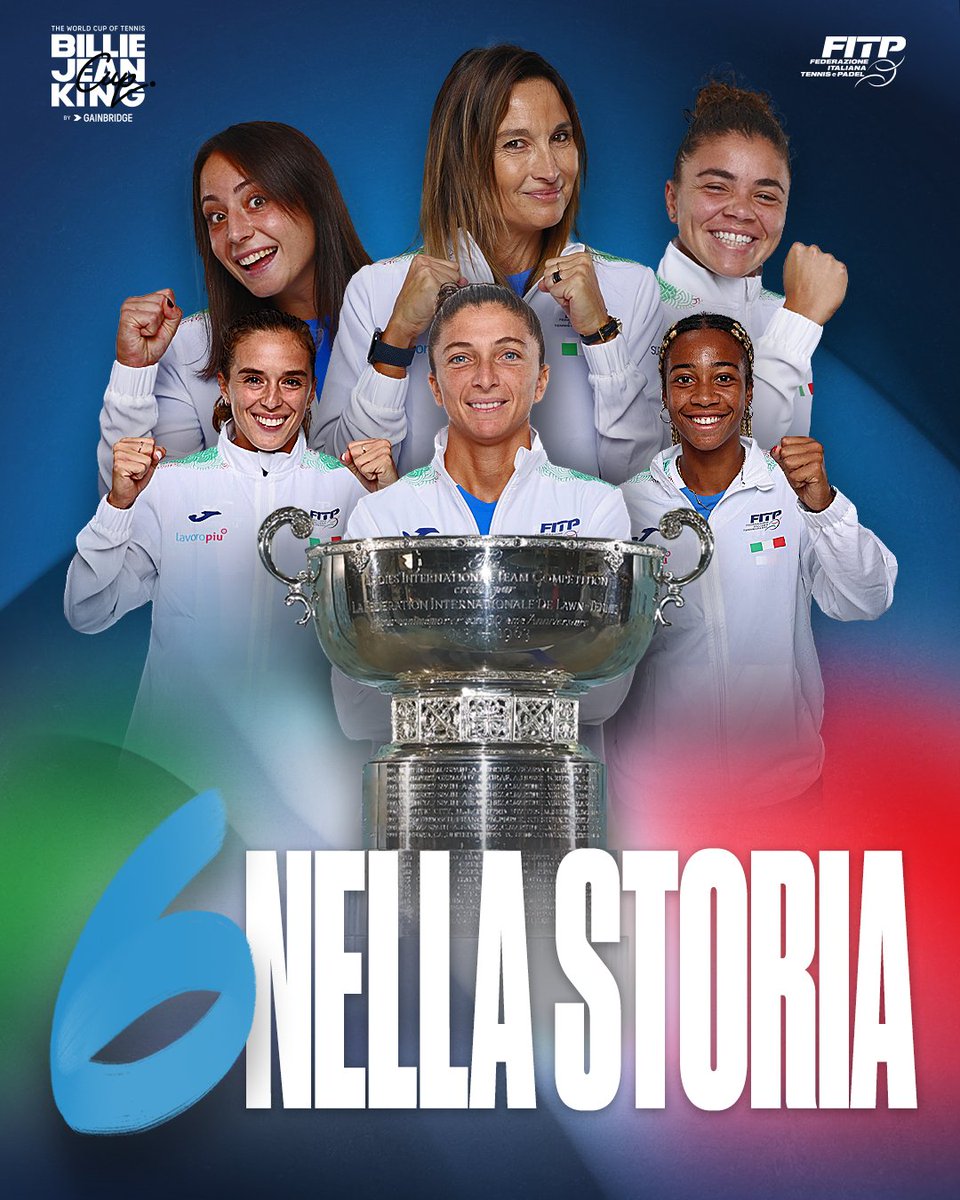 federtennis's tweet photo. Difesa del titolo: COMPLETATA 🇮🇹⚔️

Le azzurre si confermano campionesse del mondo: superati gli Stati Uniti per 2-0.

Un trionfo che porta l’Italia alla 6ª storica #BJKCup 🏆 https://t.co/JtIqt5BfEz