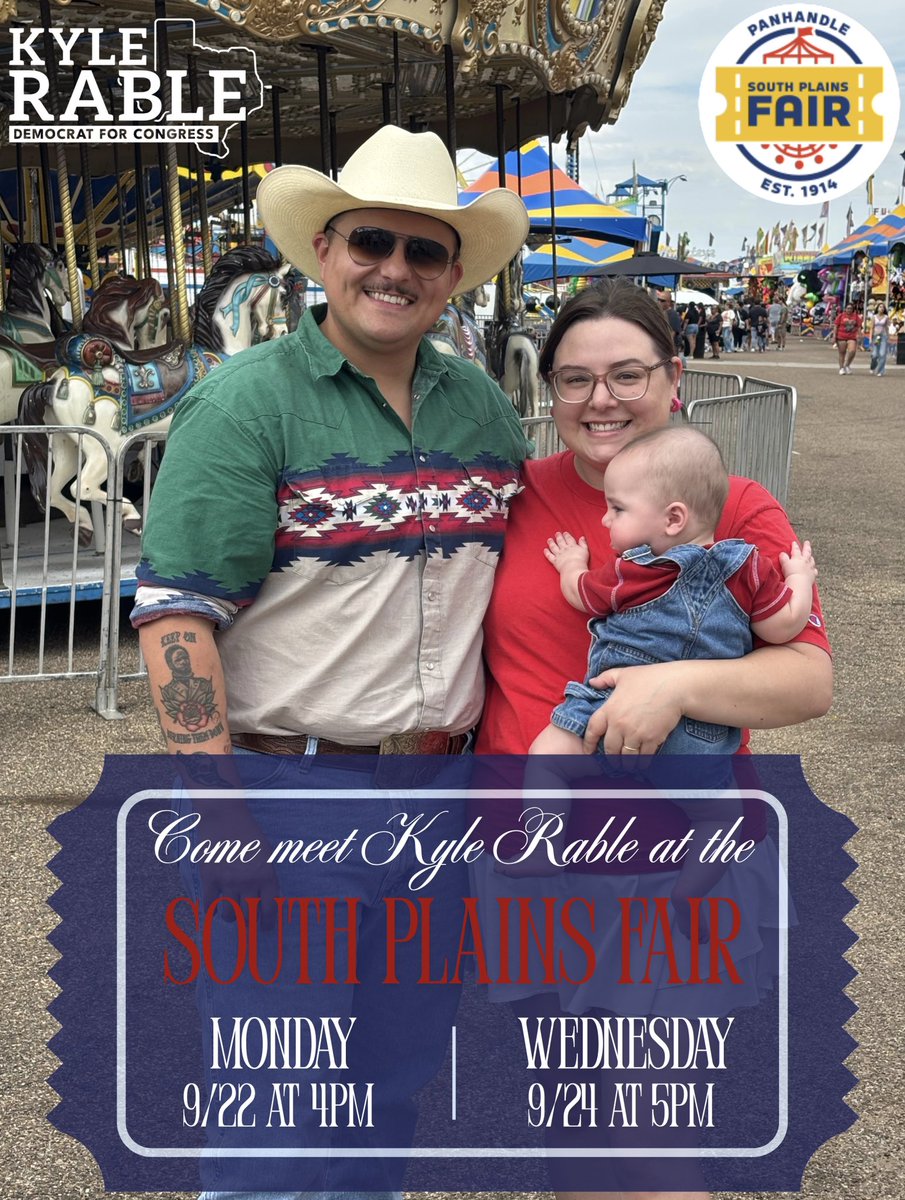 rableforwesttx's tweet image. MEET THE CANDIDATE

Come meet Kyle Rable at the South Plains Fair this Monday and Wednesday. Experience the best fair in the West while talking to your favorite democratic candidate.

#livestockshow #fair #carnival #westtexas #southplains