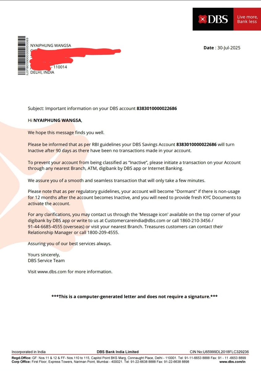 de_dav52403's tweet photo. @dbsbank @DBSBankIndia My DigiSavings account has been frozen since last year. DBS says it’s “due to bank policy” but refuses to give the reason. There’s no illegal or large transaction. When I opened the account online, your KYC agent asked me to deposit minimum ₹10,000, which I did — that’s the only money in my account. Despite multiple requests, my account is still frozen.
 Recently I got an email saying the account will be tagged inactive in 3 months if I don’t transact But how can I transact when the account is frozen both withdrawal & transaction? I want DBS Bank to immediately unfreeze my account and allow access to my ₹10,000. Due to dbs bank I'm unable to use my amount, Kindly resolve this urgently and provide a clear reason in writing. Docs received from dbs I have shared check given below