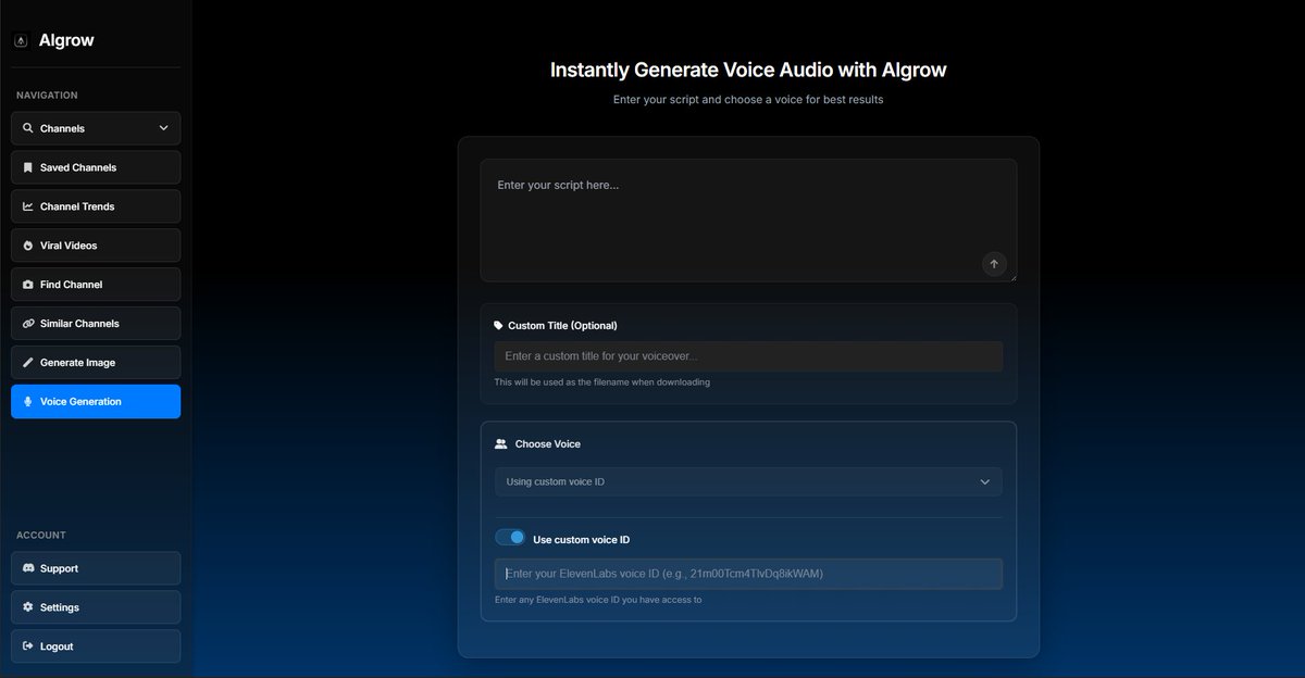 algrow_online's tweet image. 🚨 New in Algrow: Unlimited ElevenLabs Voiceovers — FREE inside your $25 plan

-Generate unlimited voiceovers for your Shorts/Longform videos

 -Import ANY ElevenLabs voice (yes, even custom ones)

- No extra costs, no limits, experiment as much as you want

Note: this is still…