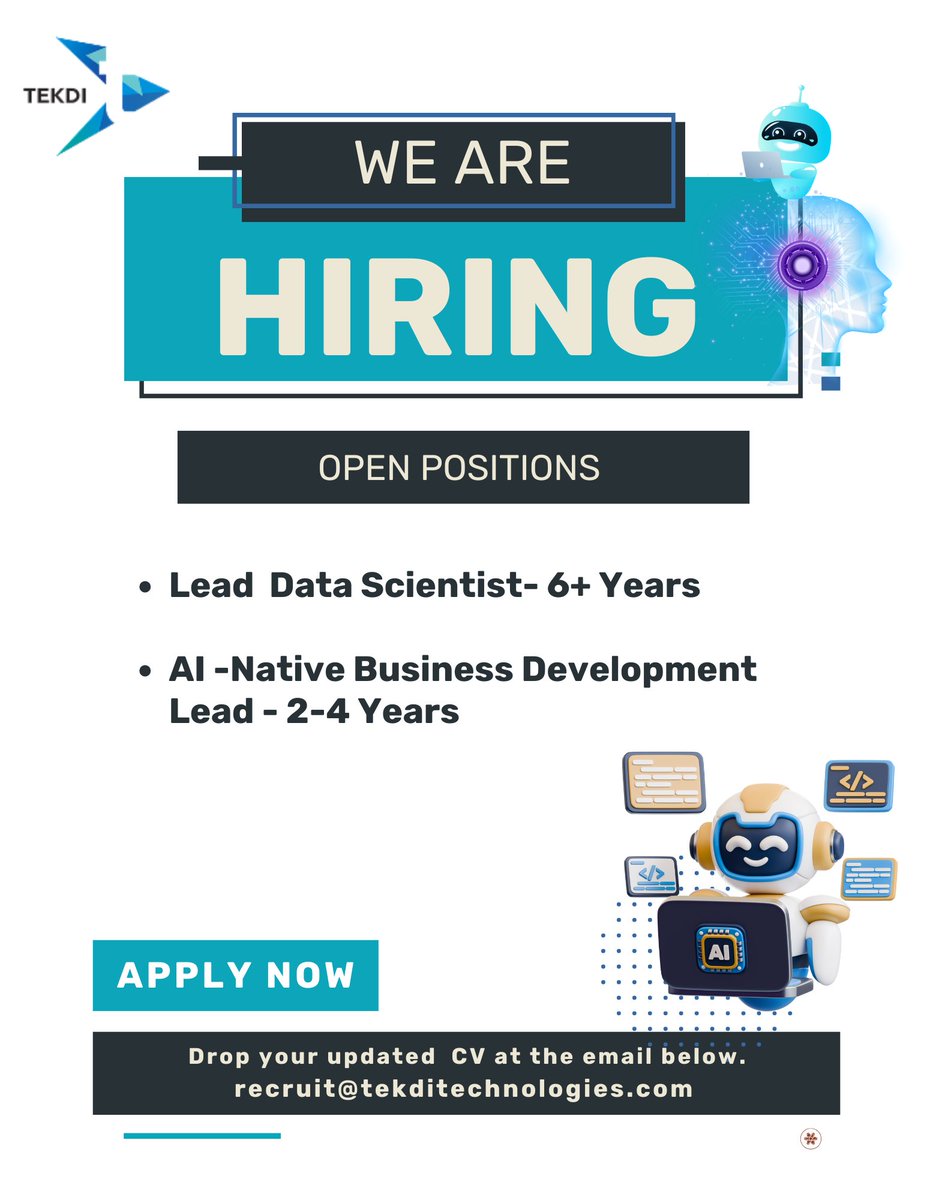 tekdinet's tweet image. Data + AI = Future. And we’re hiring the talent to shape it!

📩 Drop your CV at recruit@tekditechnologies.com 

#WeAreHiring #DataScienceJobs #AIJobs #TechCareers #BusinessDevelopment  #PuneJobs #PuneITJobs