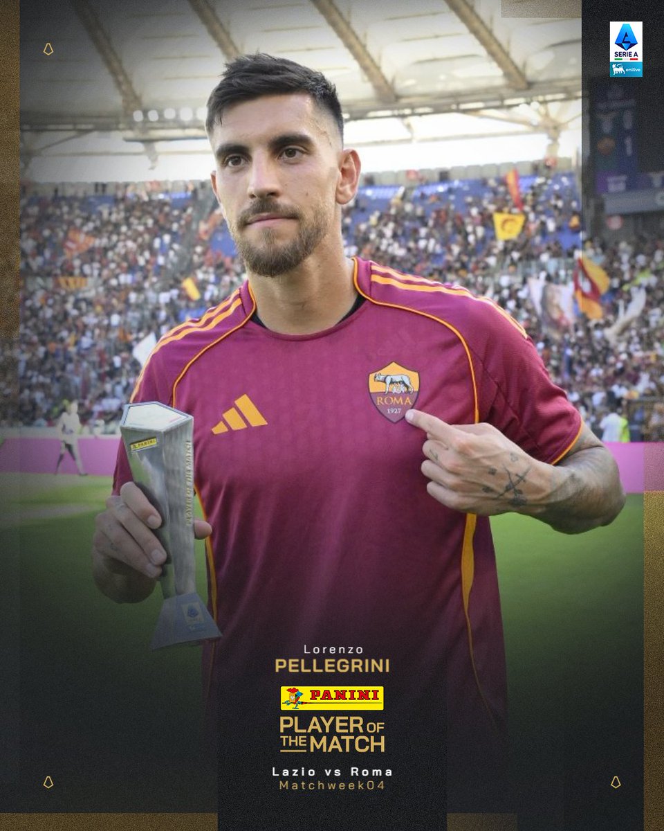 SerieA's tweet image. L&apos;uomo decisivo del derby! Lorenzo Pellegrini è il Panini player of the match di #LazioRoma 🏆