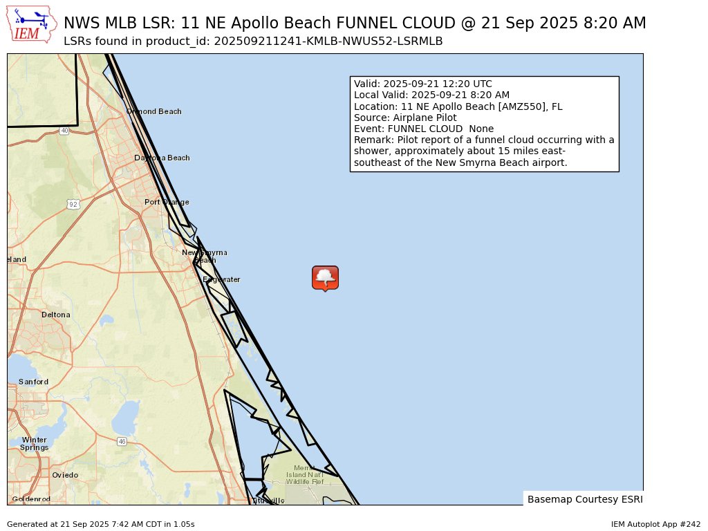 At 8:20 AM EDT, 11 NE Apollo Beach [Amz550 Co, FL] Airplane Pilot reports  Funnel Cloud. Pilot report of a funnel cloud occurring with a shower,  approximately about 15 miles east-southeast of, image size:1024x768
