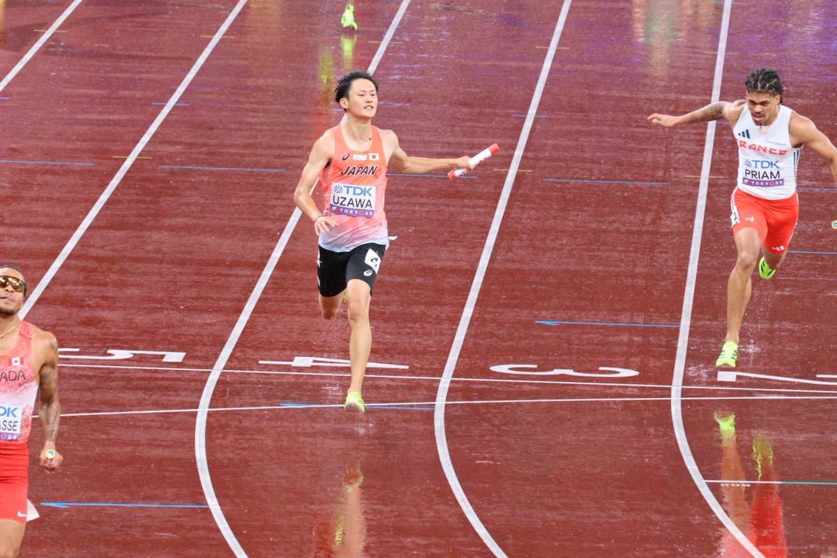 jaaf_official's tweet photo. /／
【#東京2025世界陸上】
📸男子4×100mリレー決勝✨
\＼

6位 🇯🇵日本 38秒35 
 1走 #小池祐貴（住友電工）
 2走 #栁田大輝（東洋大学）
 3走 #桐生祥秀（日本生命）
 4走 #鵜澤飛羽（JAL）

応援ありがとうございました✨✨

🔗特設サイトはこちら
https://t.co/I65me4zS1C

／
声援と共に #まだ見ぬステージへ
＼

#JAAF #陸上 #世界陸上 #WCHTokyo25