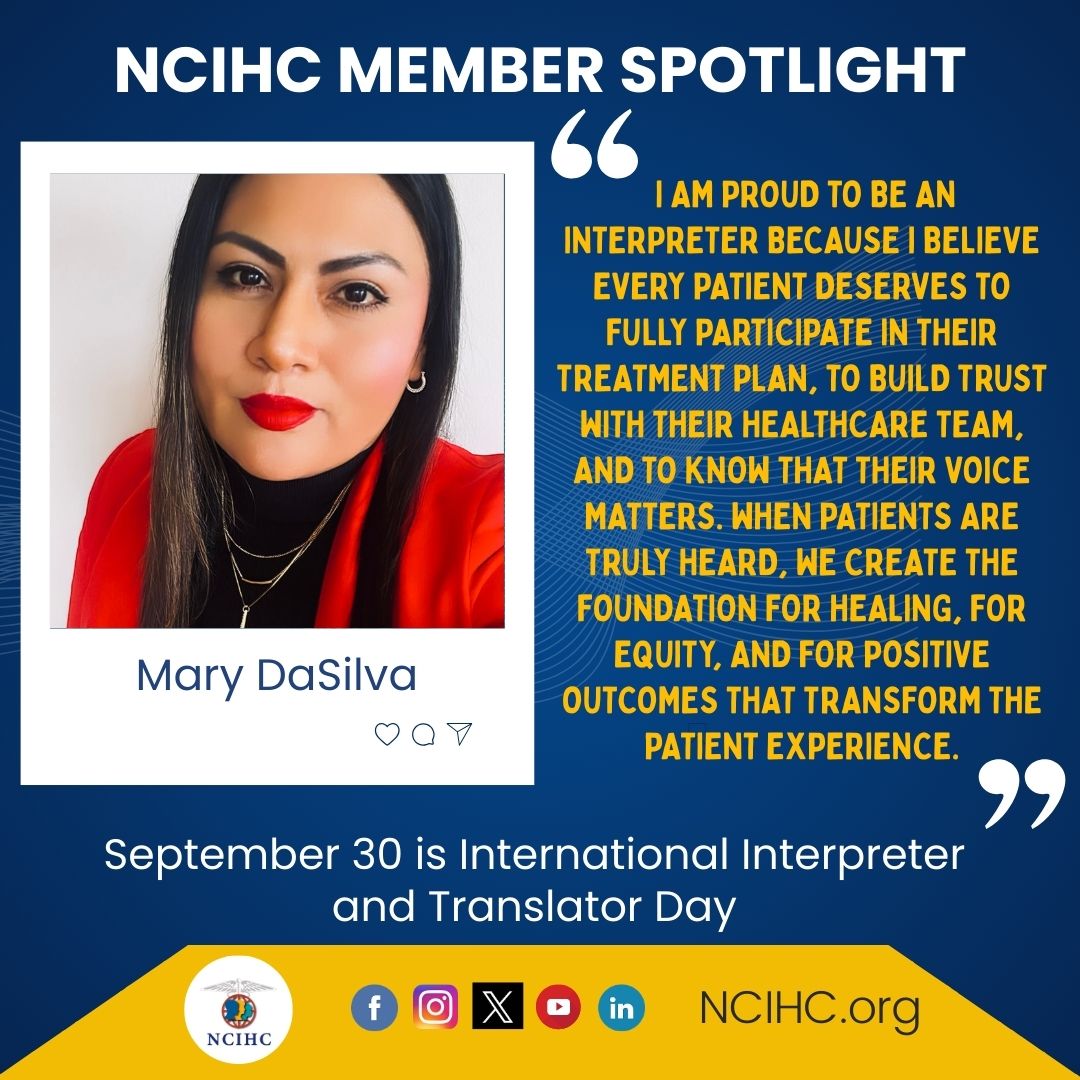 NCIHC's tweet image. 👏 International Interpreter & Translator Day is September 30! Today we are celebrating Mary DaSilva, Manager of Interpreter Services at Hennepin Healthcare in Minneapolis, Minnesota.
#ncihc #internationaltranslationday #interpreter
