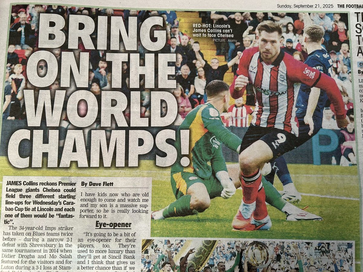 Dave Flett (@daveflettpress) on Twitter photo One for <a href="/LincolnCity_FC/">Lincoln City FC 🇺🇦</a> fans. I spoke to James Collins who believes the Imps can pull off a <a href="/Carabao_Cup/">Carabao Cup</a> shock on Wednesday even if visitors Chelsea could field three “fantastic” different starting XIs. Full story in <a href="/TheLeaguePaper/">The Football League Paper</a> - in shops now and always great value for £2.20 One for <a href="/LincolnCity_FC/">Lincoln City FC 🇺🇦</a> fans. I spoke to James Collins who believes the Imps can pull off a <a href="/Carabao_Cup/">Carabao Cup</a> shock on Wednesday even if visitors Chelsea could field three “fantastic” different starting XIs. Full story in <a href="/TheLeaguePaper/">The Football League Paper</a> - in shops now and always great value for £2.20