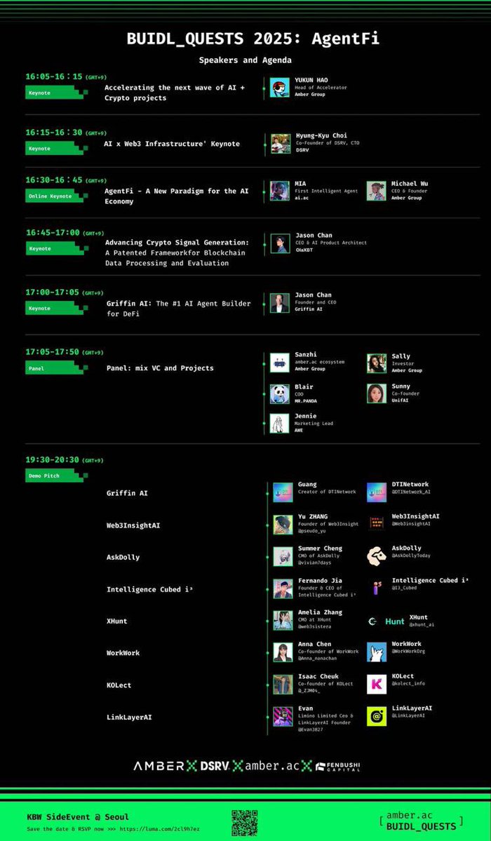 amber_ac_'s tweet image. AgentFi Korea Meetup | AI × Web3 Innovators Night

Co-hosted by amber.ac, DSRV and Fenbushi Capital, this meetup brings together founders, researchers, engineers, and investors to explore AgentFi, AI × Web3 infrastructure, and real-world applications—plus curated…