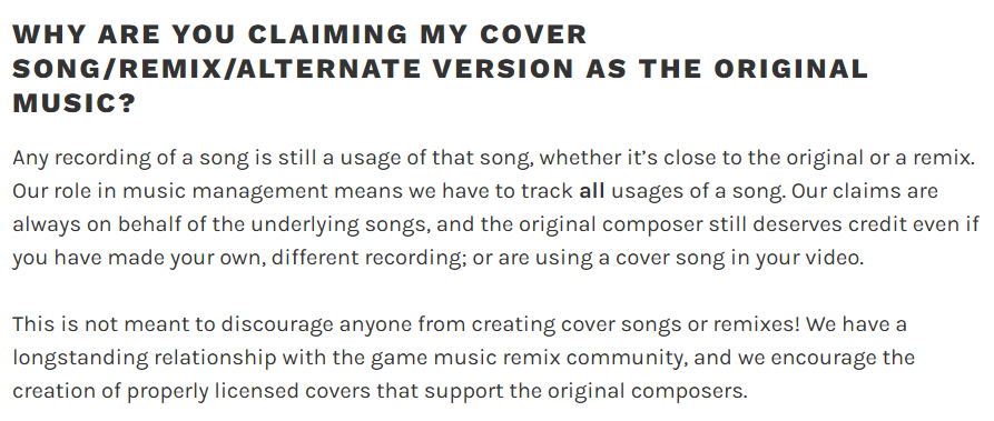 TheOneMoonster's tweet photo. (1/8)

Then what exactly is the reason for the take-down?

According to the rules, only reuploads get copyright-struck/taken down. Covers/remixes/alternate versions are ENCOURAGED. So why exactly are you suddenly against fantracks? https://t.co/Gyp4YDYqc9