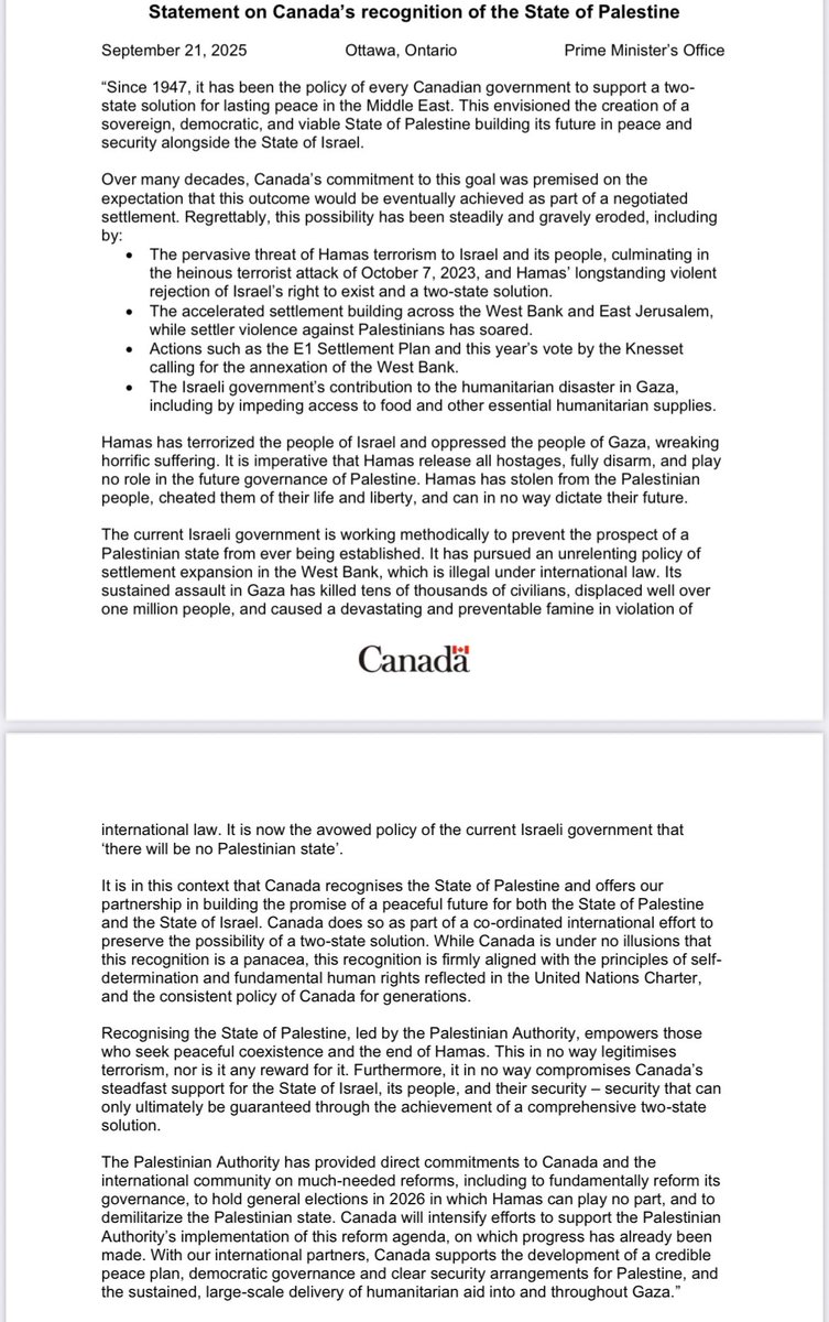 BREAKING - The Canadian government has officially recognized the state of Palestine, as Prime Minister Mark Carney had previously signaled would happen. Here is a press release via PMO #cdnpoli