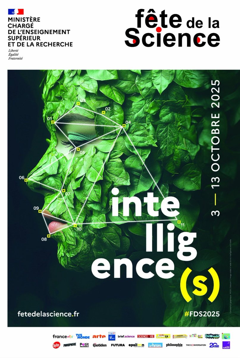 📍#FDS2025 | Événement 
🧠 Du 3 au 13 octobre 2025, la Fête de la Science explore les multiples visages des intelligences : humaines, artificielles, collectives...
Ateliers, débats, spectacles et découvertes partout en France.
La programmation ⤵️
🔗 fetedelascience.fr