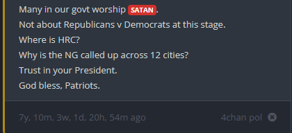 Q l'a dit dès ses premiers messages :
"Beaucoup de gens qui vous gouvernent vénèrent Satan. Cela va au-delà du clivage gauche/droite."

Avez-vous déjà réfléchi aux implications de cette affirmation? Avez-vous déjà envisagé que cela puisse être vrai?
