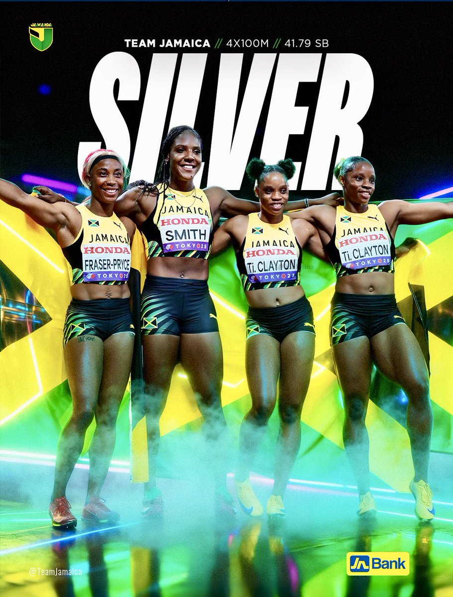 💥 BOOM 💥 #TeamJamaica 🇯🇲 blazes to SILVER 🥈in the Women’s 4x100M Final (41.79 SB) with an explosive anchor leg by Jonielle Smith. Well done, ladies! 👏🏾👏🏾👏🏾🖤💚💛

Shelly-Ann Fraser-Pryce ➡️ Tia Clayton ➡️ Tina Clayton ➡️ Jonielle Smith.

Powered by <a href="/jnbanklimited/">JN Bank</a>