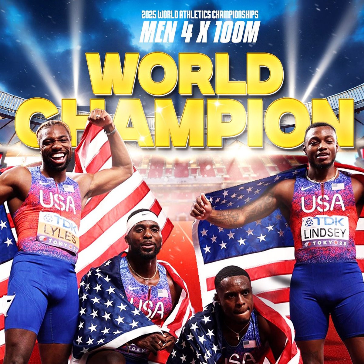 WORLD CHAMPION 🥇

It feels good to finally say it! I have dreamed of this moment my whole life, and tonight we get to bring Gold home 🇺🇸 We ran for each other, we ran for our country, we ran for GOLD. Thank you to everyone who never stopped believing. We finished the job. I will