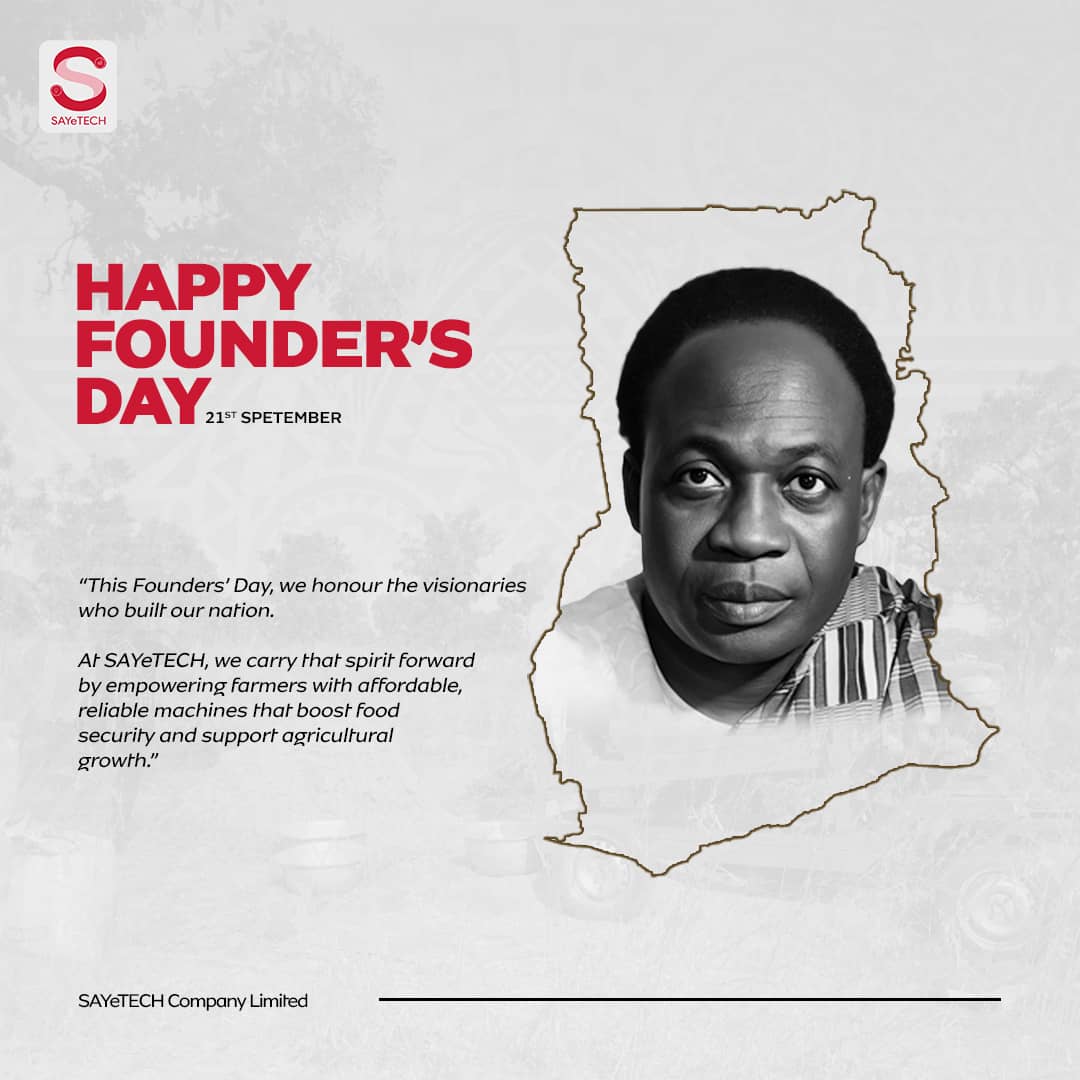 sayetech's tweet image. Forward Ever, Backward Never.’

 Today we honor Dr. Kwame Nkrumah’s vision for a self-reliant Ghana. 

At Sayetech, we carry that vision forward with innovations that power our farmers and feed the nation.  

#NkrumahDay #Sayetech #InnovationInAgriculture