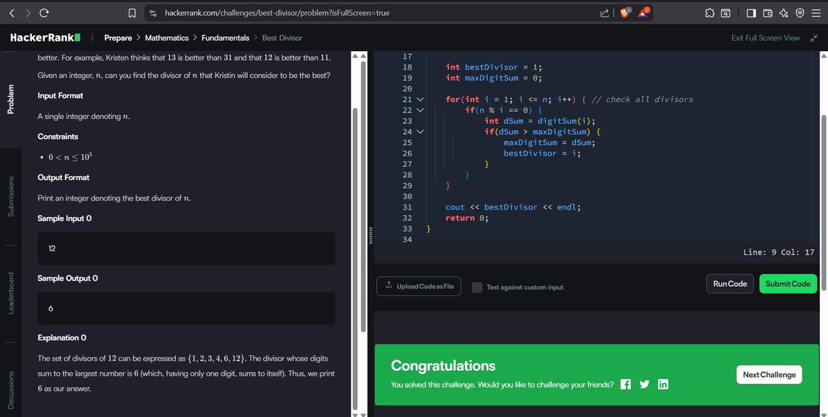 codewithGenZ's tweet image. Day 80🚀: #100daysofcode : #GeeksforGeeks
Today i solved problem on #Hackerrank
-Best Divisor
#CPP_language #100daysofchallenge #codinglife #LearnInPublic #learnprogramming #programmer #coder #CodingJourney #codewithGenZ #BuildYourself #Hackathon #Genius #ProblemSolving