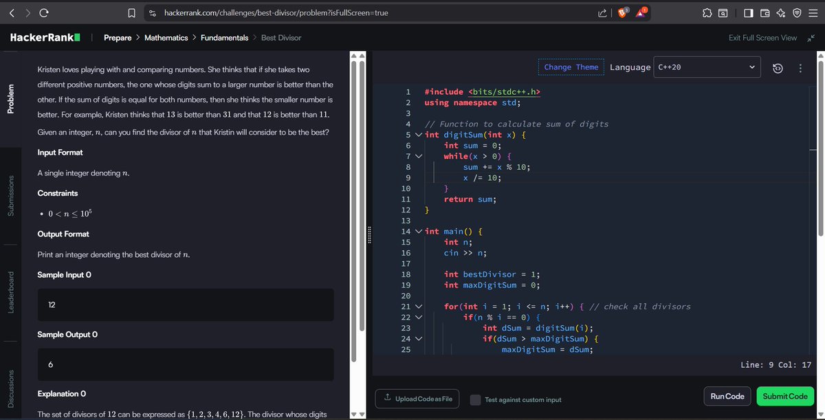 codewithGenZ's tweet image. Day 80🚀: #100daysofcode : #GeeksforGeeks
Today i solved problem on #Hackerrank
-Best Divisor
#CPP_language #100daysofchallenge #codinglife #LearnInPublic #learnprogramming #programmer #coder #CodingJourney #codewithGenZ #BuildYourself #Hackathon #Genius #ProblemSolving
